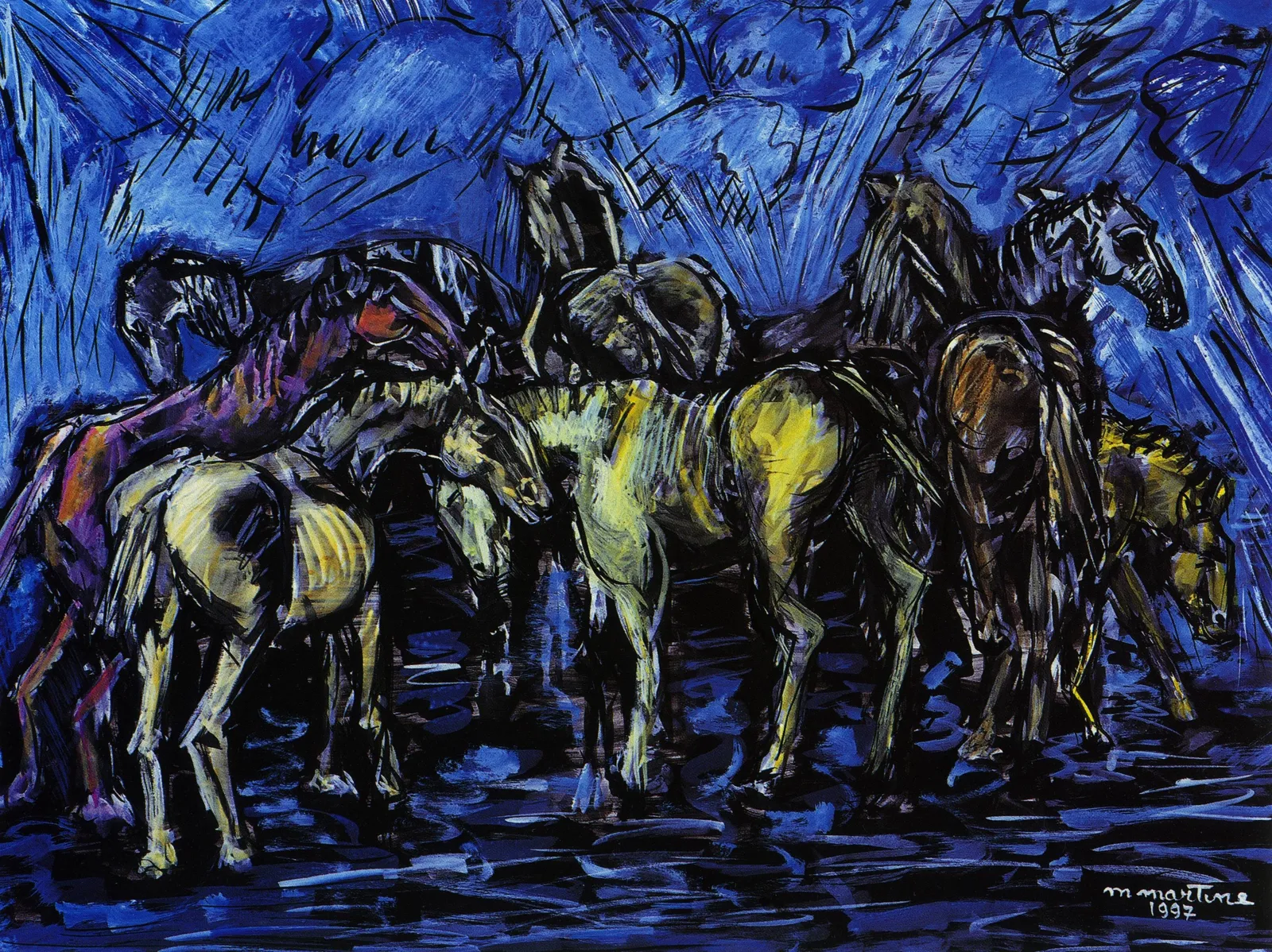 Martine Martine, Troupeau de chevaux sur fond bleu, 1997