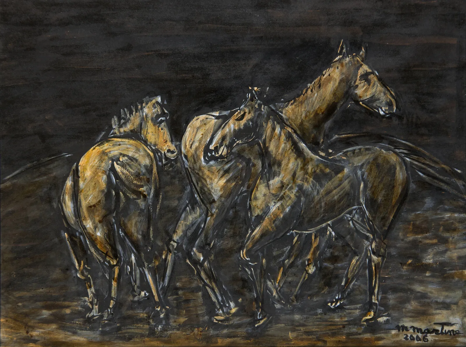 Martine Martine, Trois Chevaux sur fond brun, 2006
