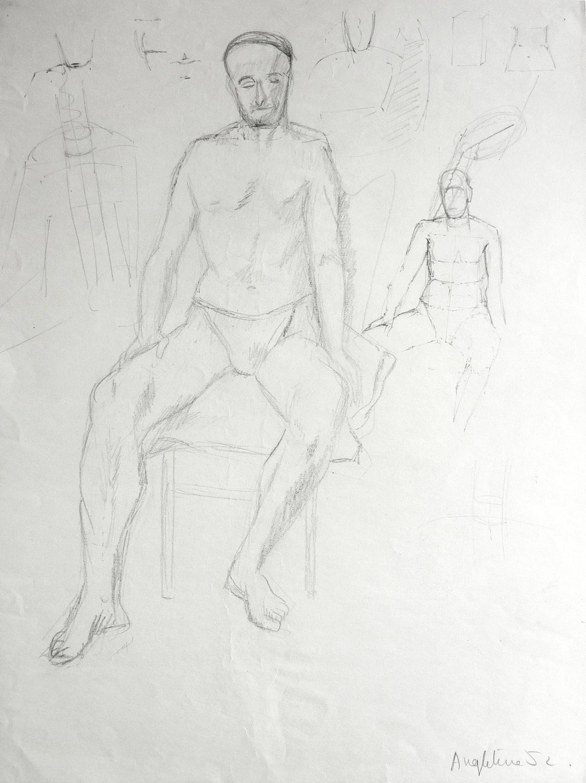 Martine Martine, Nu masculin assis et croquis, 1952