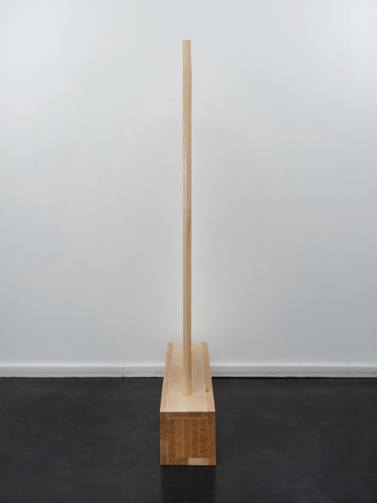 Side view of reverse T-shaped freestanding painting with a wooden frame and base and abstract pink and faded blue crayon marks on a dark background, against a white wall Rindon Johnson Paths wind through woods. Dogs chase their tails. Smiles light up faces. Laughs echo loudly. Dreams take flight. Hopes rise high. Waves roll gently. Children skip merrily. Words convey thoughts. Maroon. Time heals wounds. Minds seek answers. Fates twist and turn. Truths reveal slowly. Lives unfold daily. Manifestation is such a chore. Say it a loud, see it how mouths: a companionable environment can engender impressive thirstiness, 2023 Ash wood, leather, crayon, oil, colored pencil, acrylic and wax 188.5 x 100 x 24.5 cm 74 1/4 x 39 3/8 x 9 5/8 inches