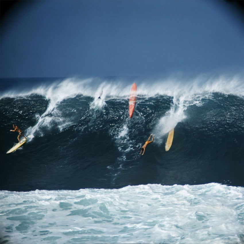 LeRoy Grannis, Greg Noll, Eddie Aikau and Bobby Cloutier, Waimea Bay, 1966