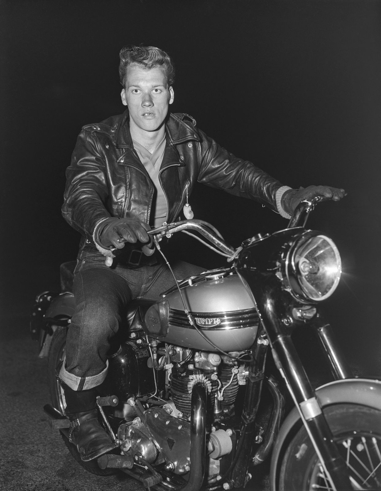 Bob Mizer, Bill Dvorak (on Triumph), Los Angeles, 1956