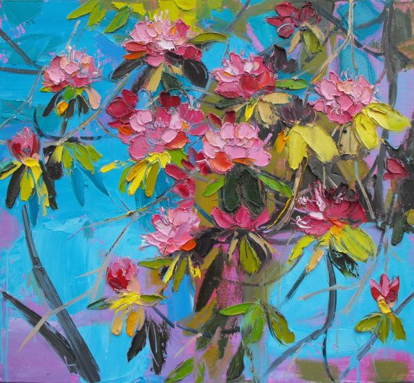 Judith I Bridgland, Blue Summer Sky with Pink Rhododendrons
