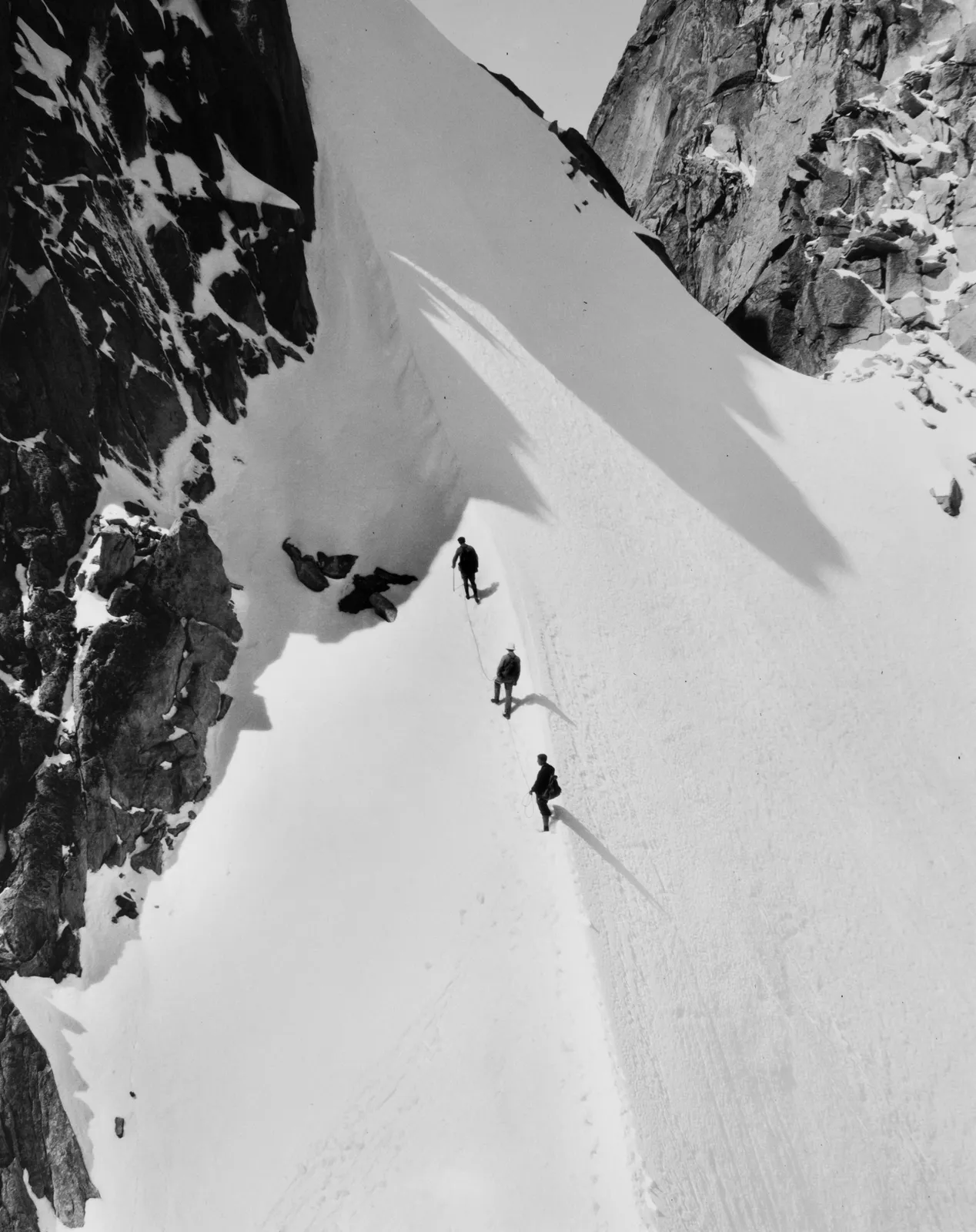 Bradford Washburn, Aiguille de Blaitière, Chamonix. Bradford Washburn in ctr. Photo was conceived and composed by Bradford Washburn, 1958