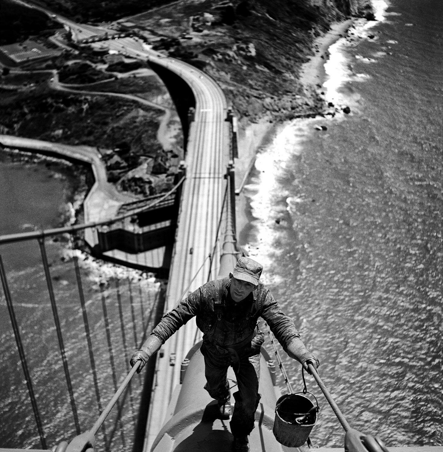 Fred Lyon, Golden Gate Bridge Painter on Main Cable, 1947