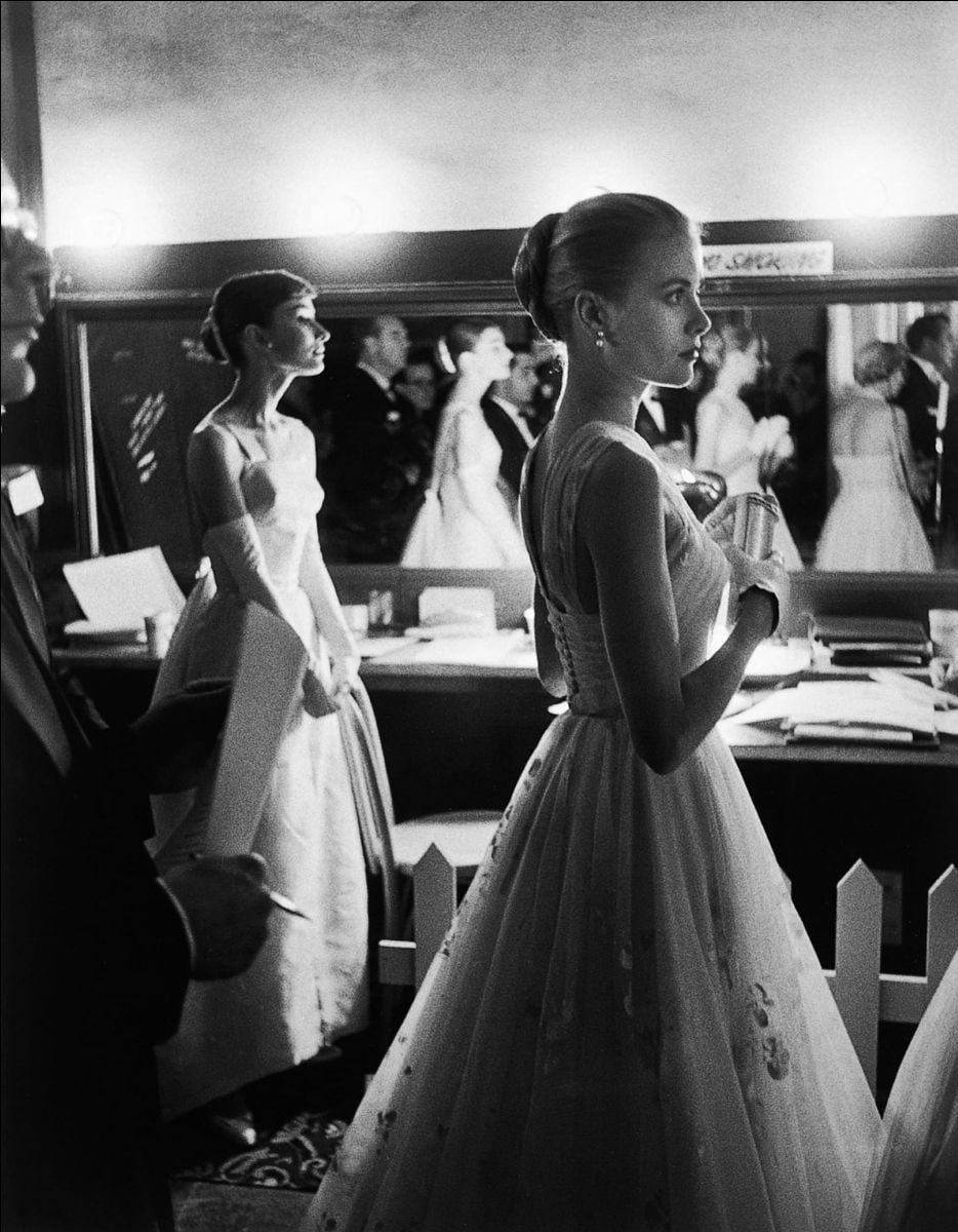 Allan Grant, Audrey Hepburn and Grace Kelly backstage at the 28th Annual Academy Awards, Hollywood, CA, 1955, printed 2001