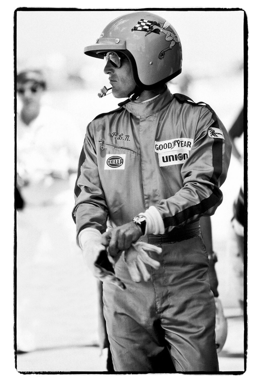 Al Satterwhite, American actor Paul Newman photographed during a 12-hour race where he was co-driving a Porsche 911S with Bill Freeman, at Sebring raceway in Florida, USA, 1977