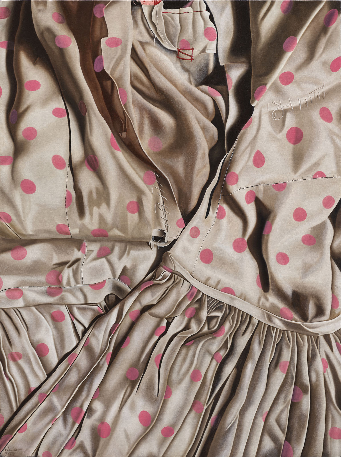 瑪莉娜．克魯斯, 《衣服的修補縫針相伴雪花般的粉紅點點》 Stitches on garment with pink dots like snow, 2019