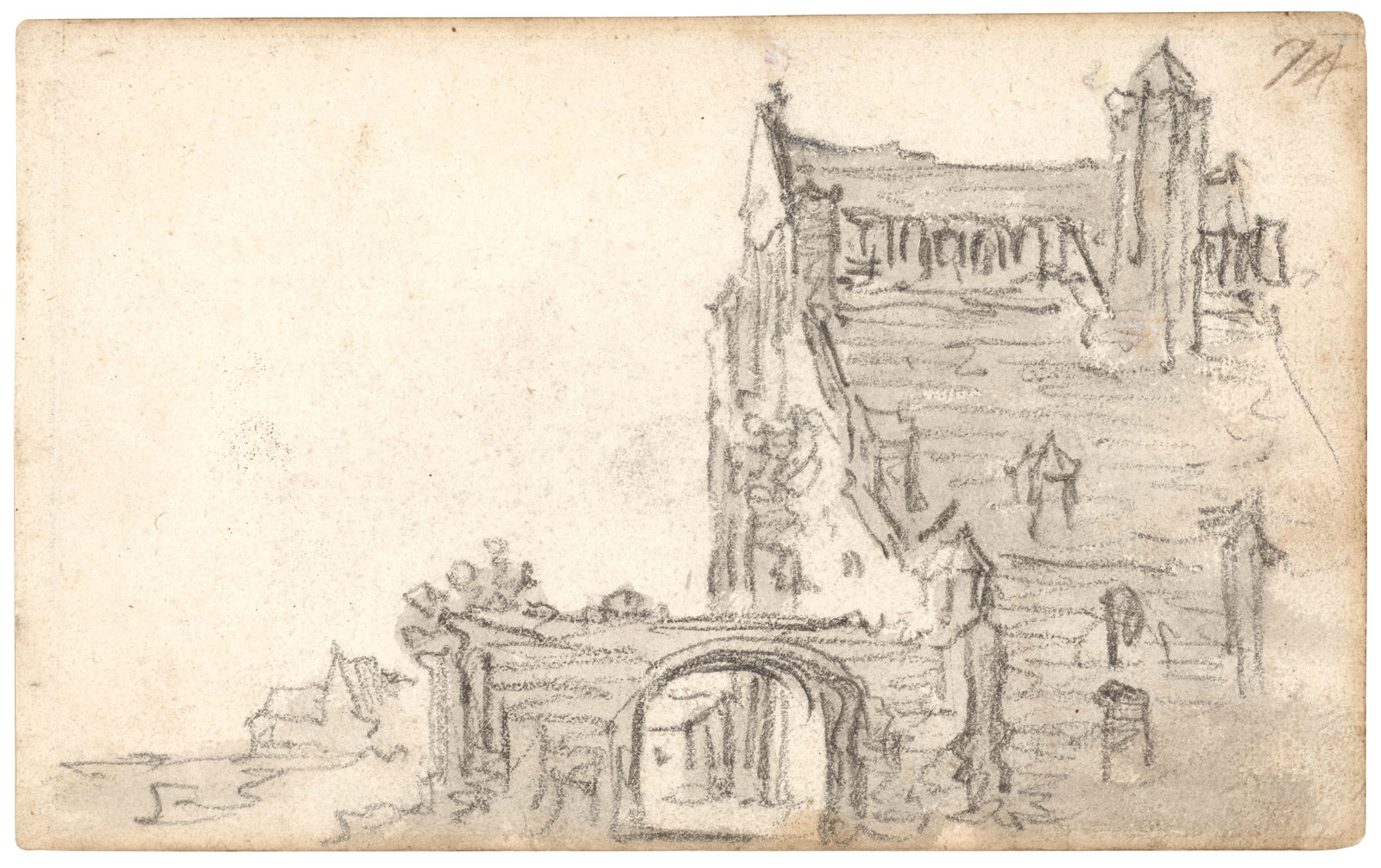 Jan van Goyen (1596 – 1656), A house with chimneys and an archway, 1650-1651