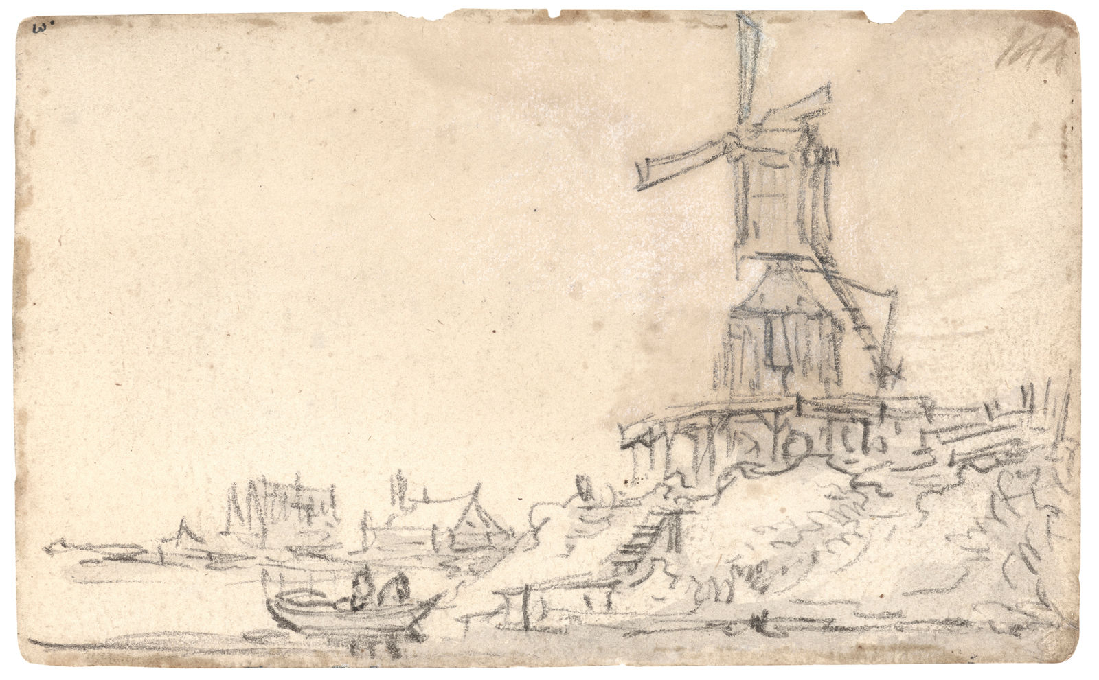 Jan van Goyen (1596 – 1656), Amsterdam: windmill on a dike on the right river bank (recto) Seven merchants with wire baskets and a man on the right (verso), 1651