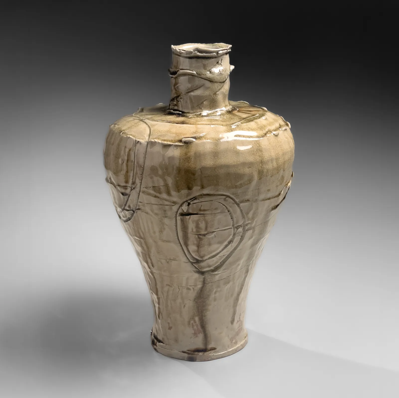 OKABE MINEO, Ko-Seto ash-glazed shouldered vessel with incised abstract curvilinear motifs, 1971