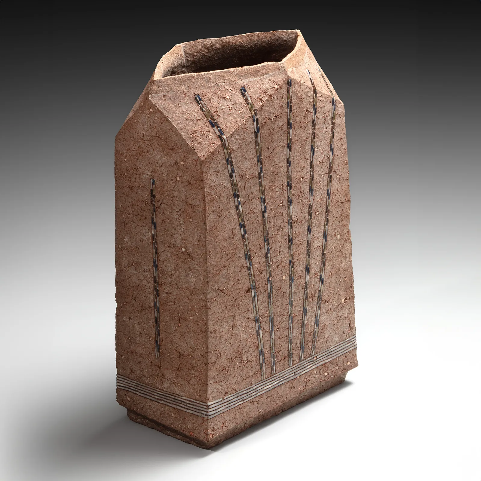 KAMODA SHŌJI, Flattened rectangular vessel decorated with colored, enamel-glazed radiating linear patterns, 1978