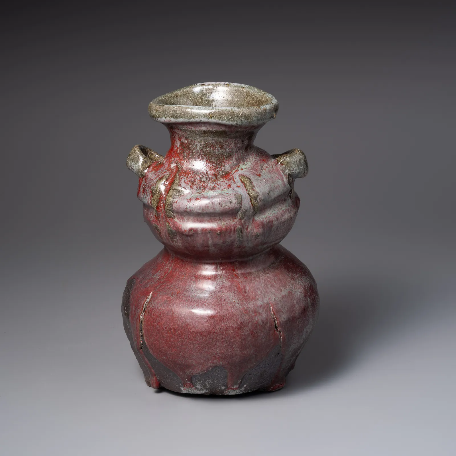 TANAKA SAJIRŌ, Shinsha (copper red) gourd-shaped vase with handles and flaring mouth, 2025