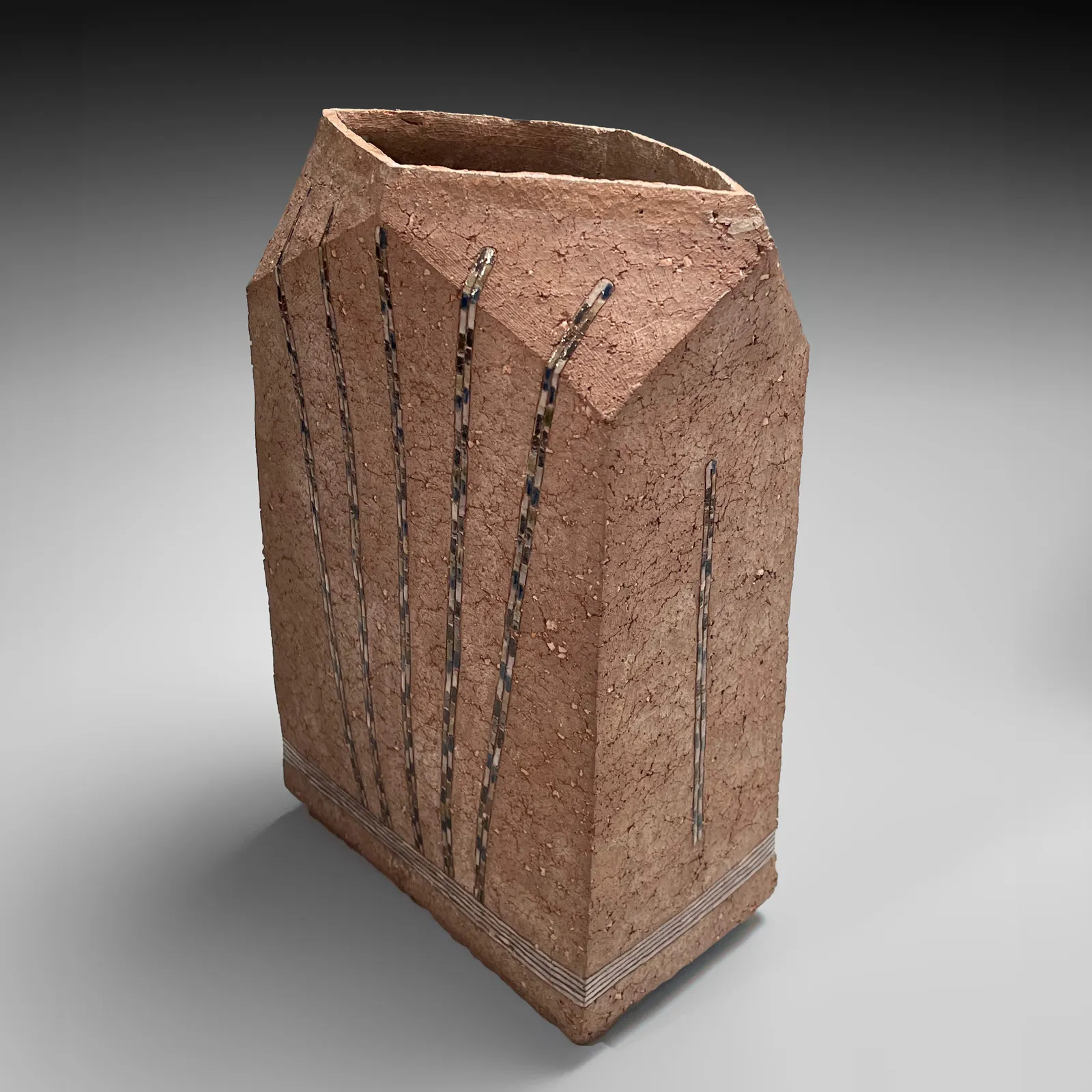 KAMODA SHŌJI, Flattened rectangular vessel decorated with colored, enamel-glazed radiating linear patterns, 1978