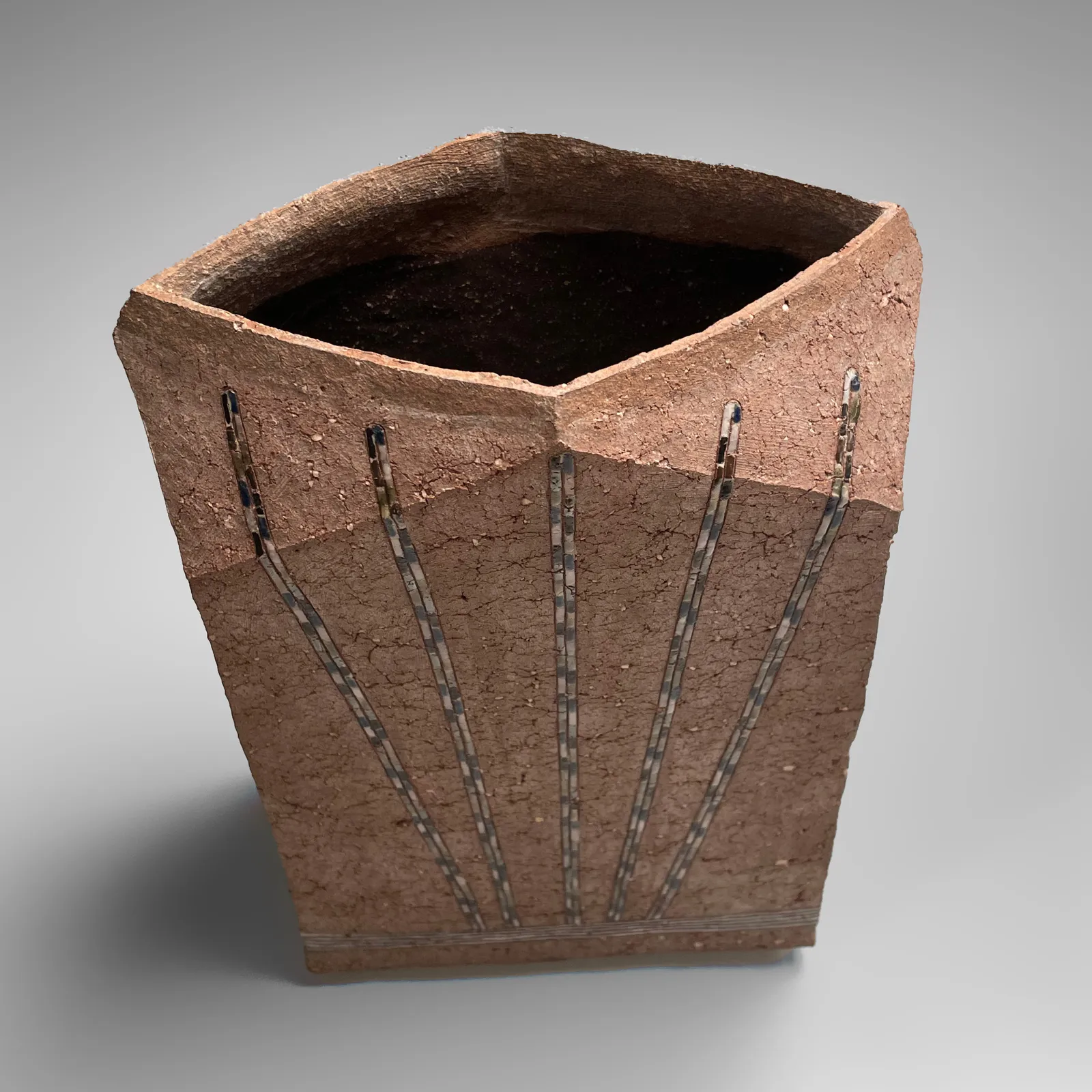 KAMODA SHŌJI, Flattened rectangular vessel decorated with colored, enamel-glazed radiating linear patterns, 1978