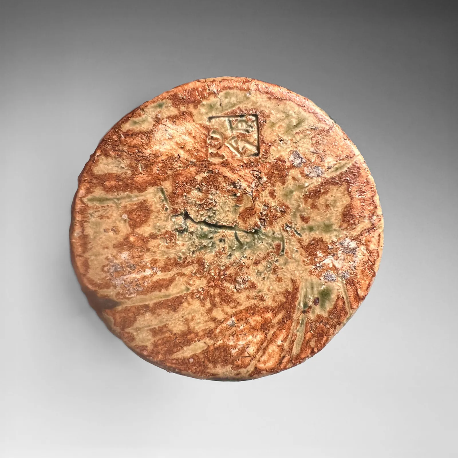 OKABE MINEO, Oribe-glazed vase with narrow neck, flaring mouth, and carved banding, 1955