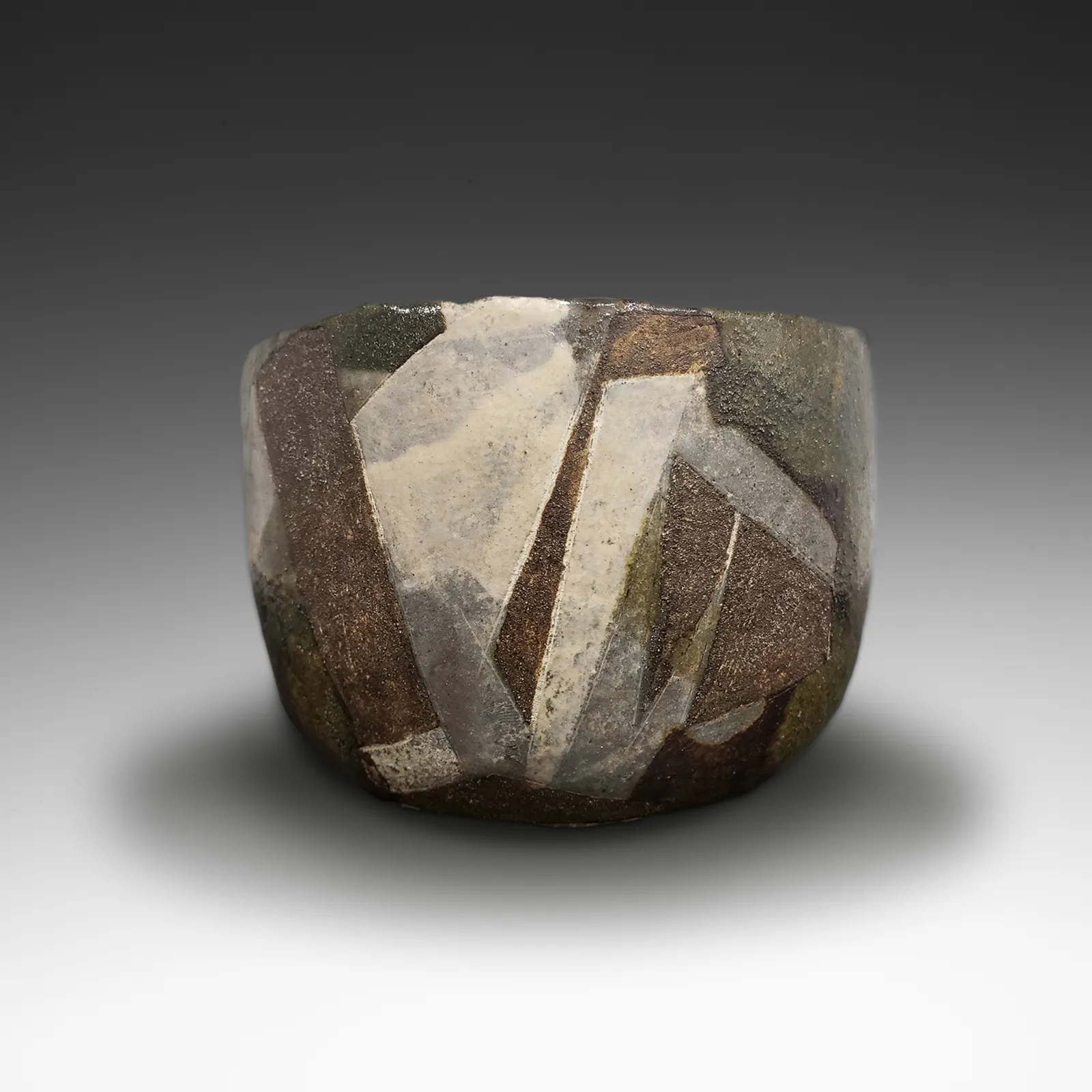 WADA MORIHIRO, Round teabowl with abstract geometric patterning in white and brown glazes, ca. 1995
