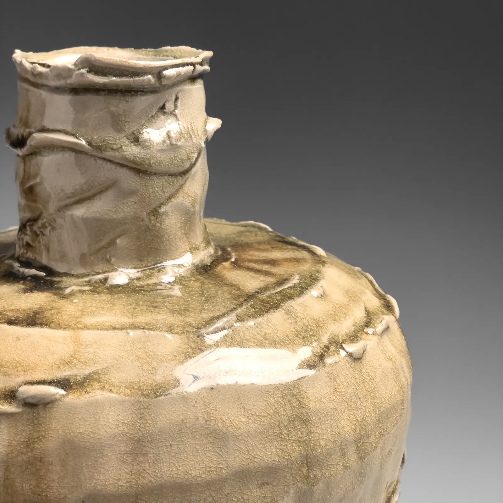 OKABE MINEO, Ko-Seto ash-glazed shouldered vessel with incised abstract curvilinear motifs, 1971