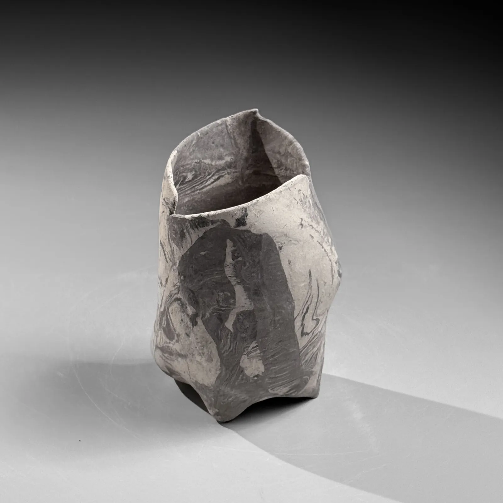 TAKIGUCHI KAZUO, Small, vertical vase with black and white nerikomi (marbleized) clay, 2025