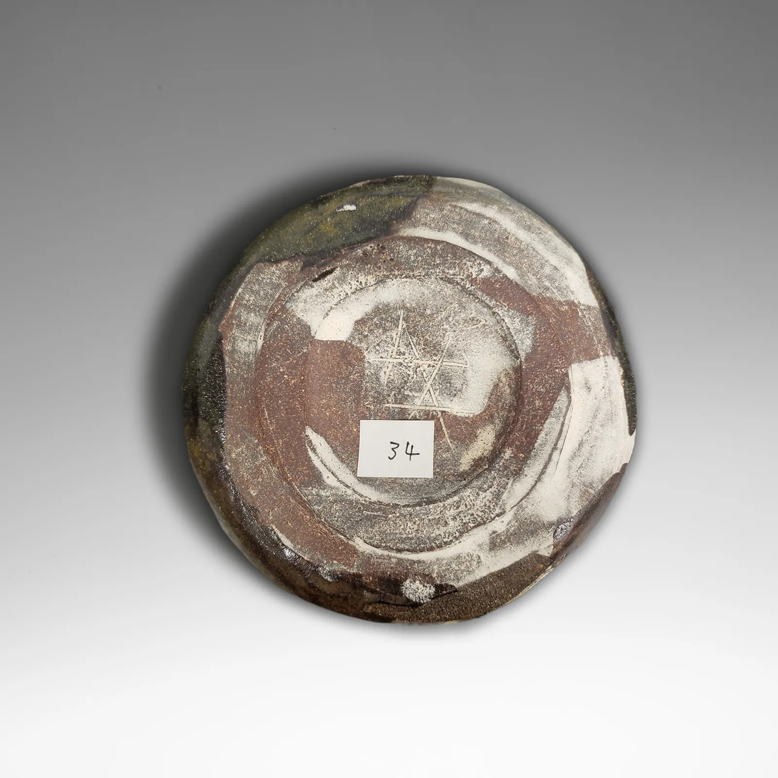 WADA MORIHIRO, Round teabowl with abstract geometric patterning in white and brown glazes, ca. 1995