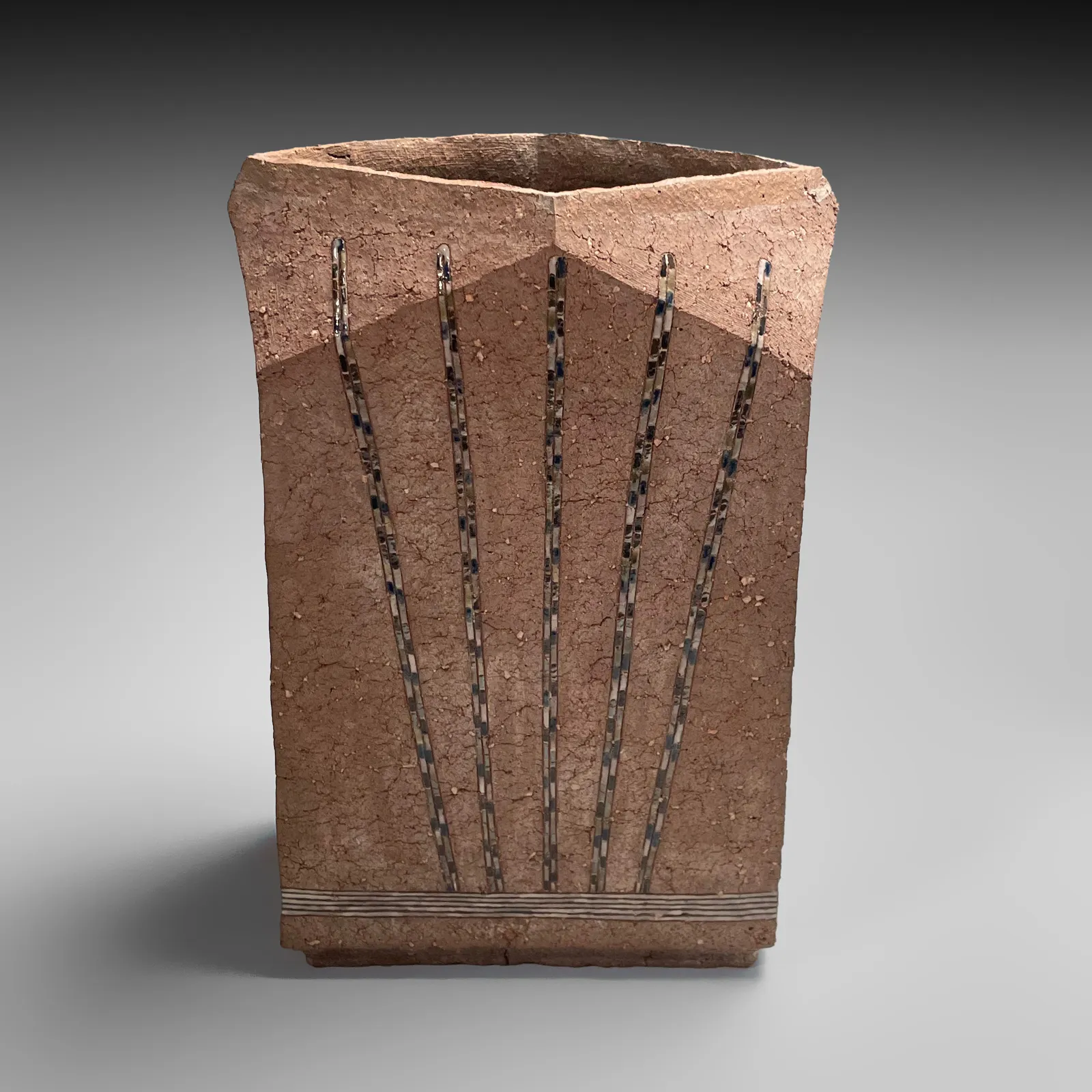 KAMODA SHŌJI, Flattened rectangular vessel decorated with colored, enamel-glazed radiating linear patterns, 1978