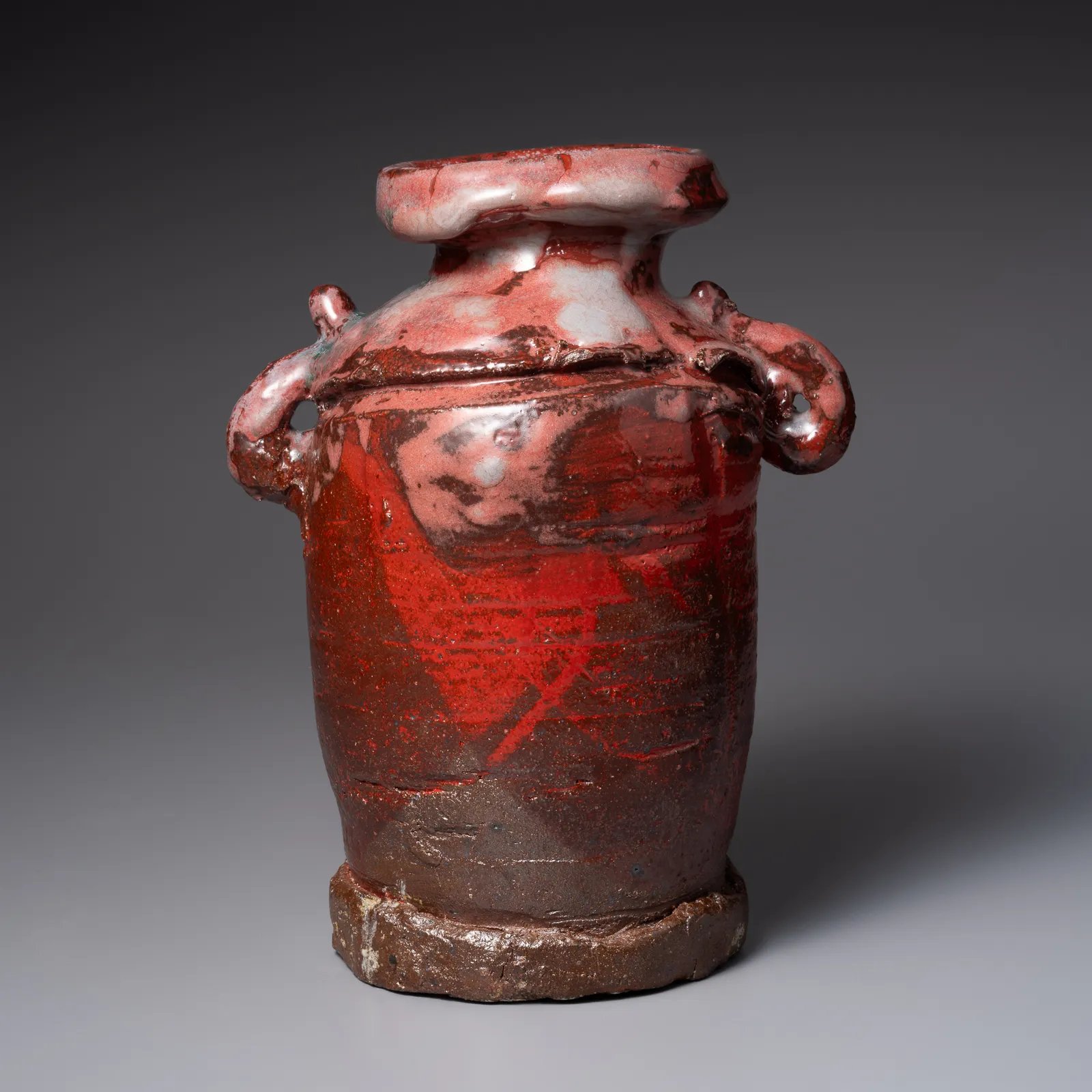 TANAKA SAJIRŌ, Shinsha (copper red) glazed handled vase with raised, flared mouth, 2025