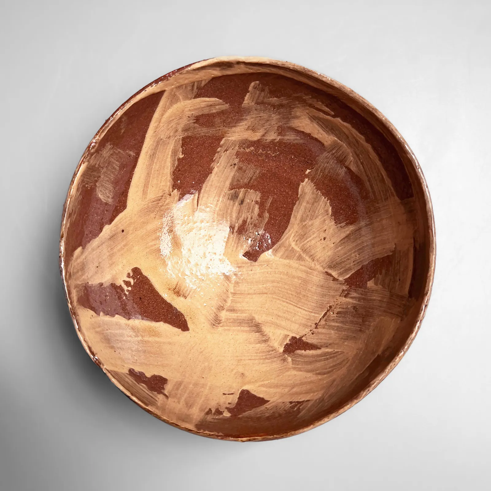 ISHIGURO MUNEMARO, Low, open teabowl with raised foot and yellow brushstroke (hakeme) patterning, ca. 1955