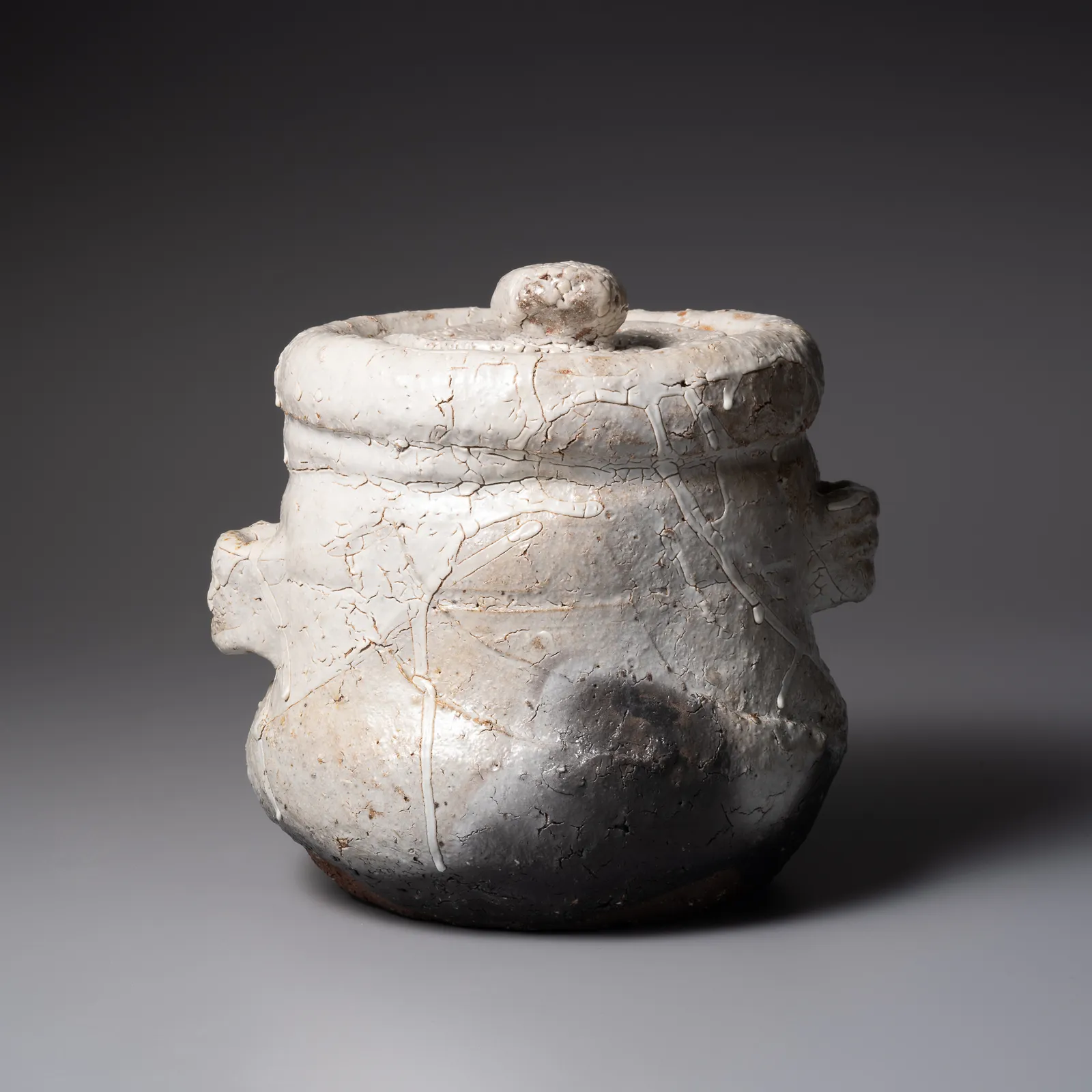 TANAKA SAJIRŌ, Karatsu waterjar with two lugs and recessed, knobbed lid, titled, As Clouds Form, 2025