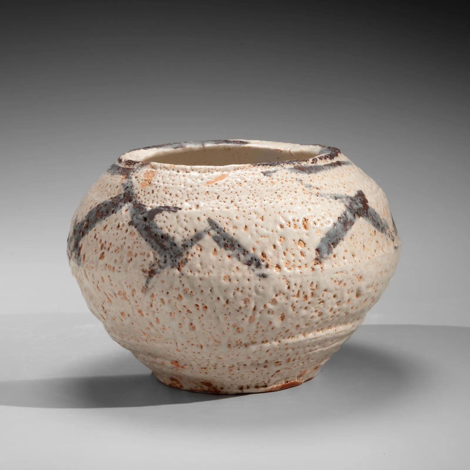 OKABE MINEO, Rounded E-shino vessel with lattice patterning, ca. 1960
