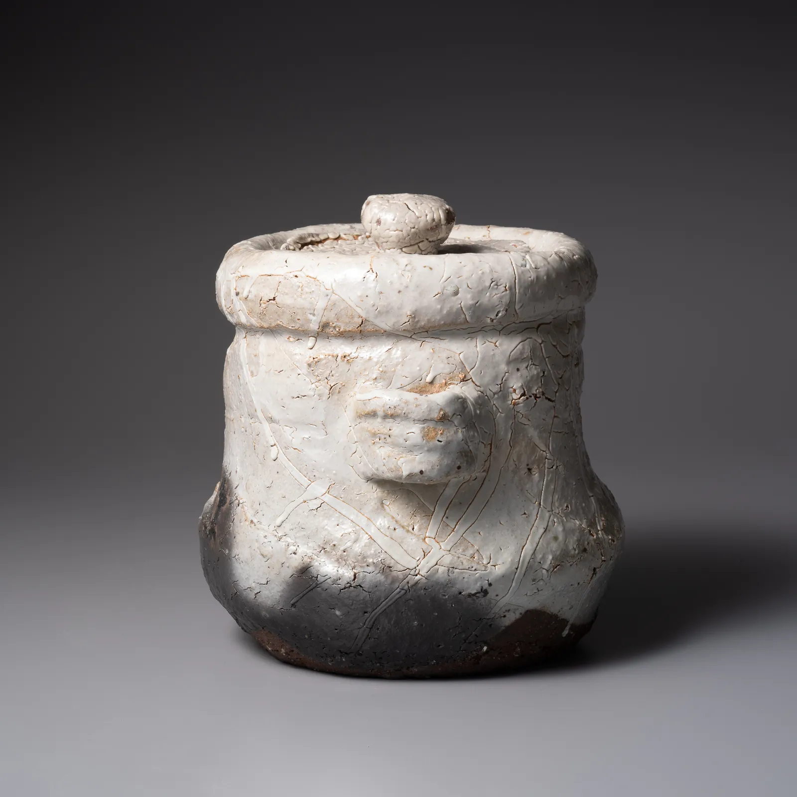 TANAKA SAJIRŌ, Karatsu waterjar with two lugs and recessed, knobbed lid, titled, As Clouds Form, 2025