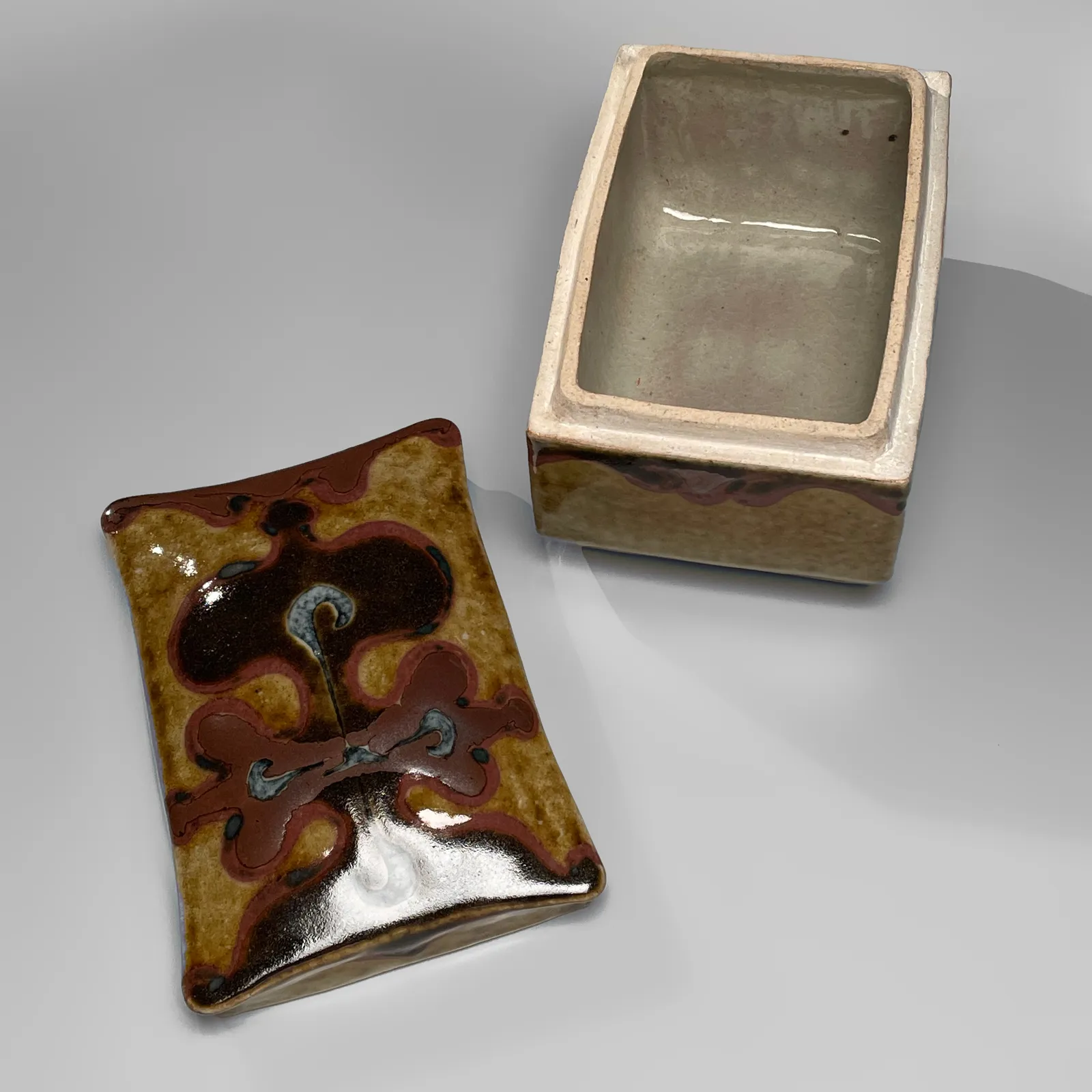 KAWAI KANJIRŌ, Rectangular box with matching cover decorated with abstract floral design, late 1940s