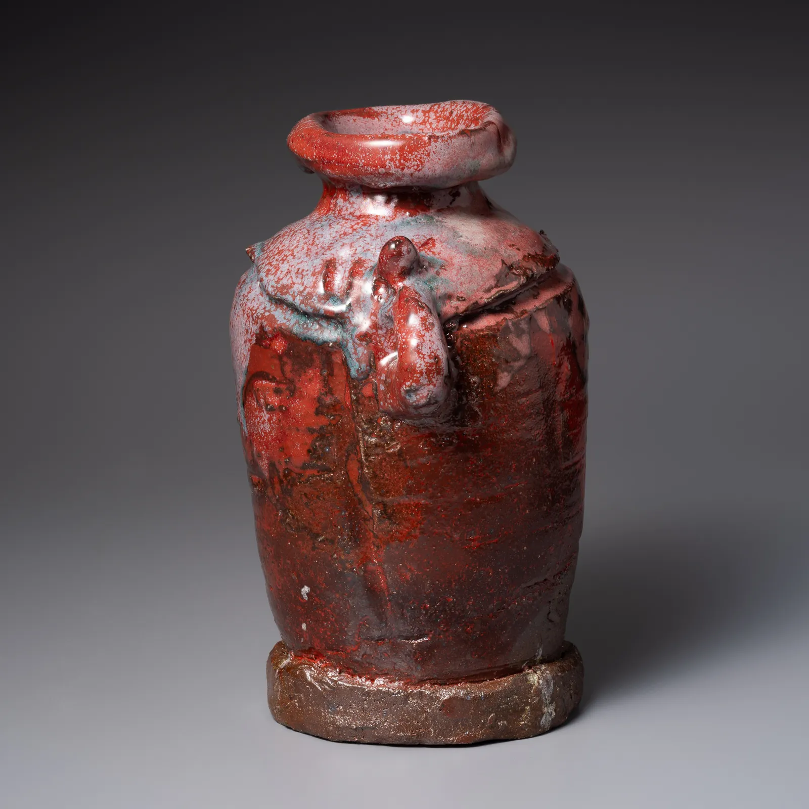 TANAKA SAJIRŌ, Shinsha (copper red) glazed handled vase with raised, flared mouth, 2025