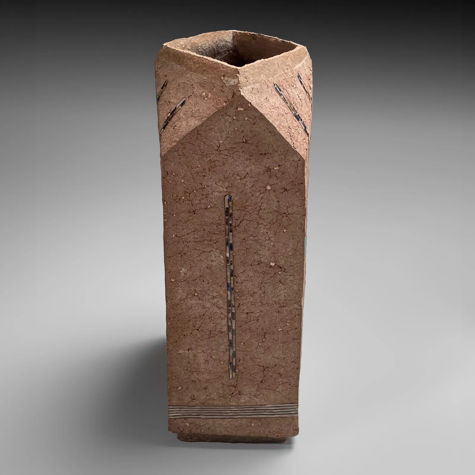 KAMODA SHŌJI, Flattened rectangular vessel decorated with colored, enamel-glazed radiating linear patterns, 1978