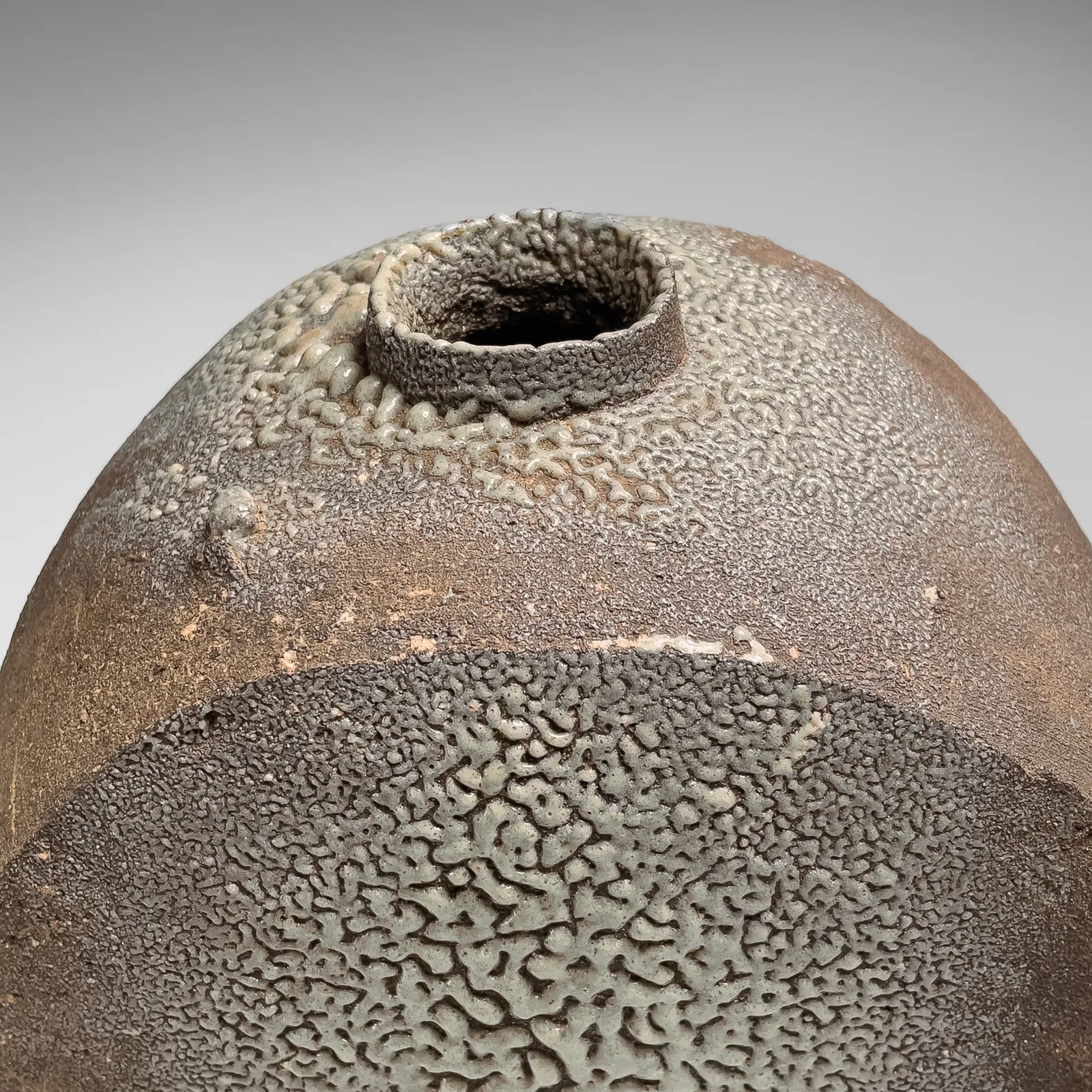 KAMODA SHŌJI, Ash-glazed round vase with upraised mouth, 1968
