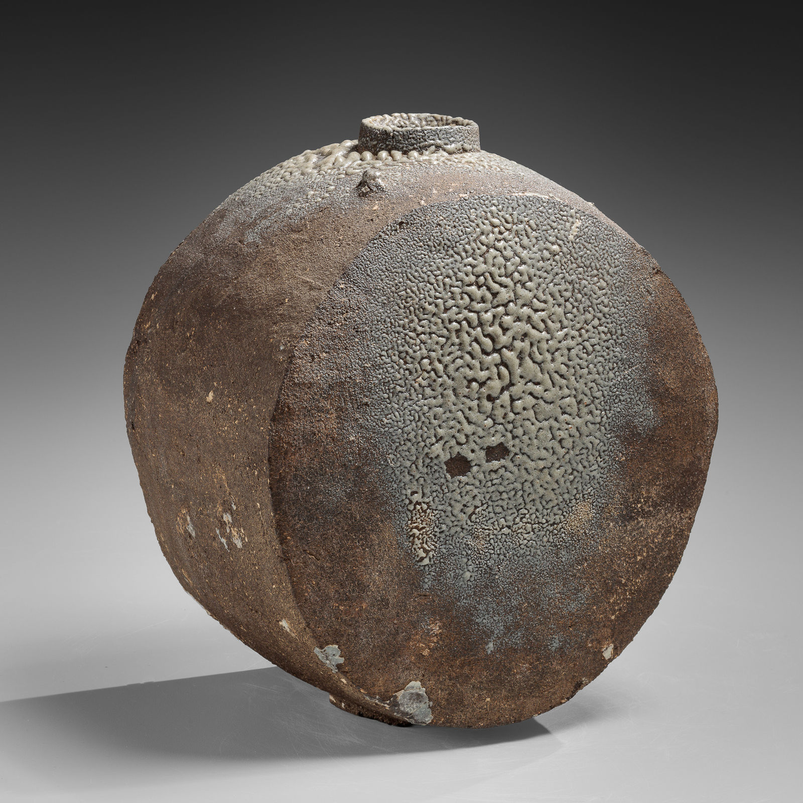 KAMODA SHŌJI, Ash-glazed flattened round vase with crawling natural ash glazing, 1968