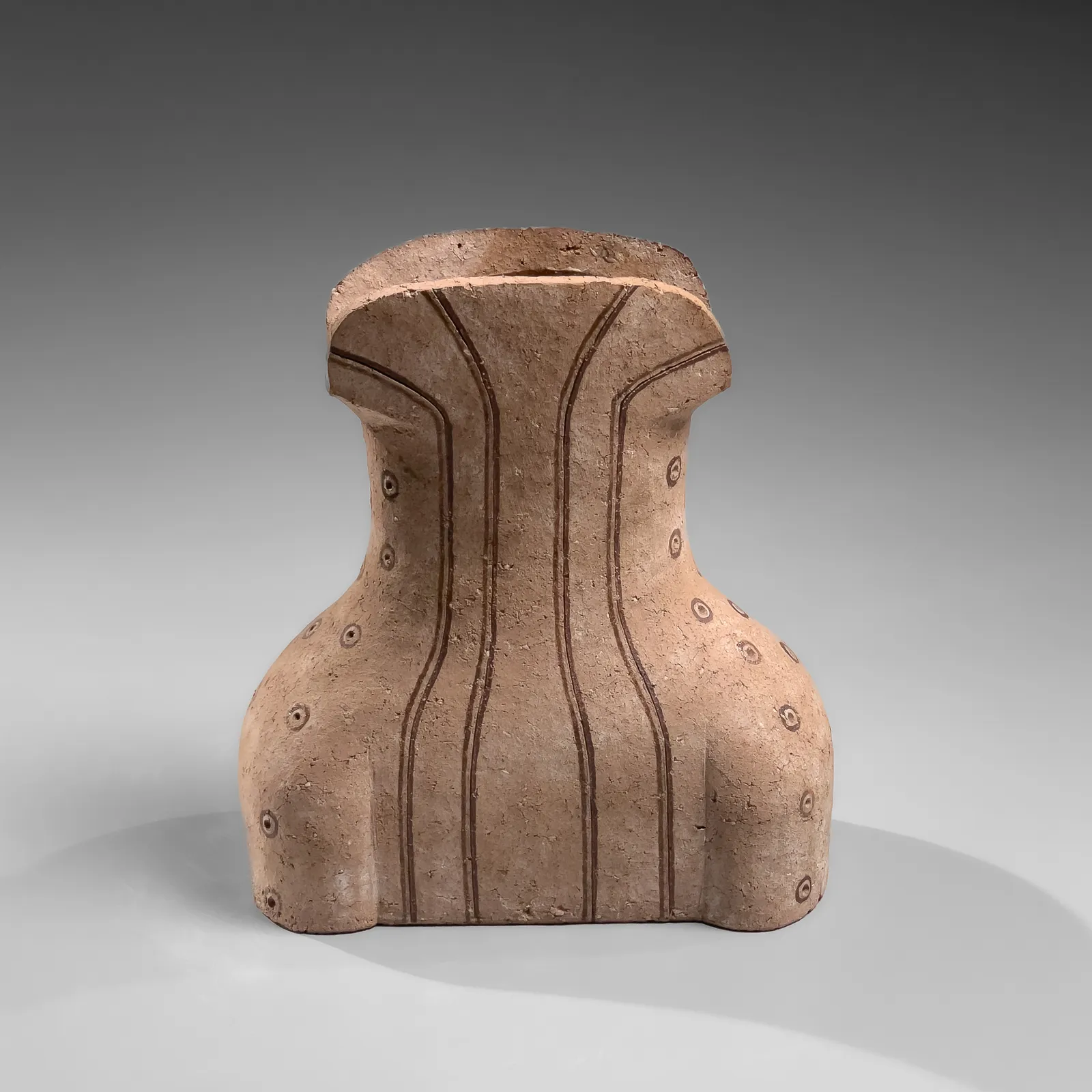 KAMODA SHŌJI, Cinched torso-like vessel with incised linear and dot motifs accentuated with slip and glaze, 1974