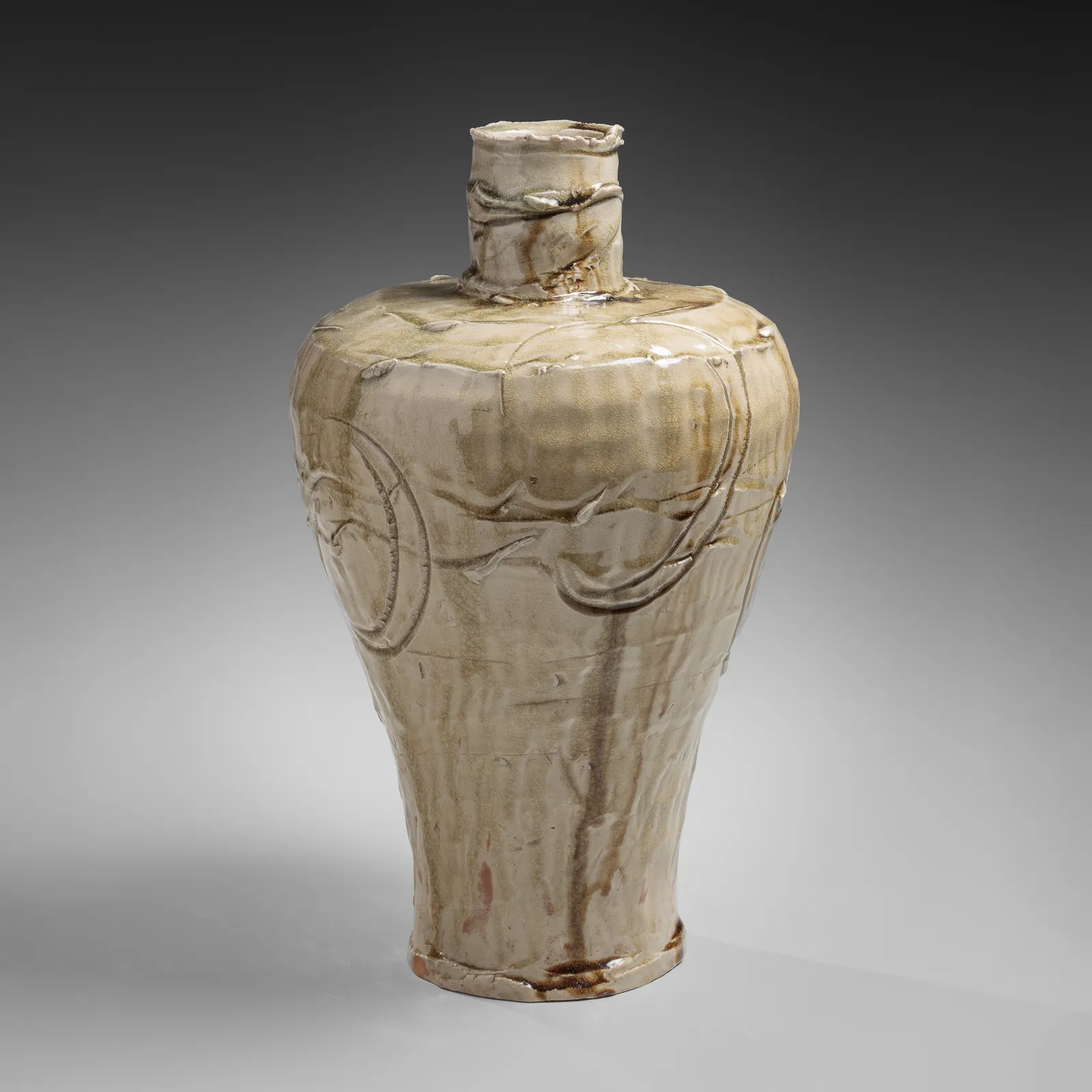 OKABE MINEO, Ko-Seto ash-glazed shouldered vessel with incised abstract curvilinear motifs, 1971