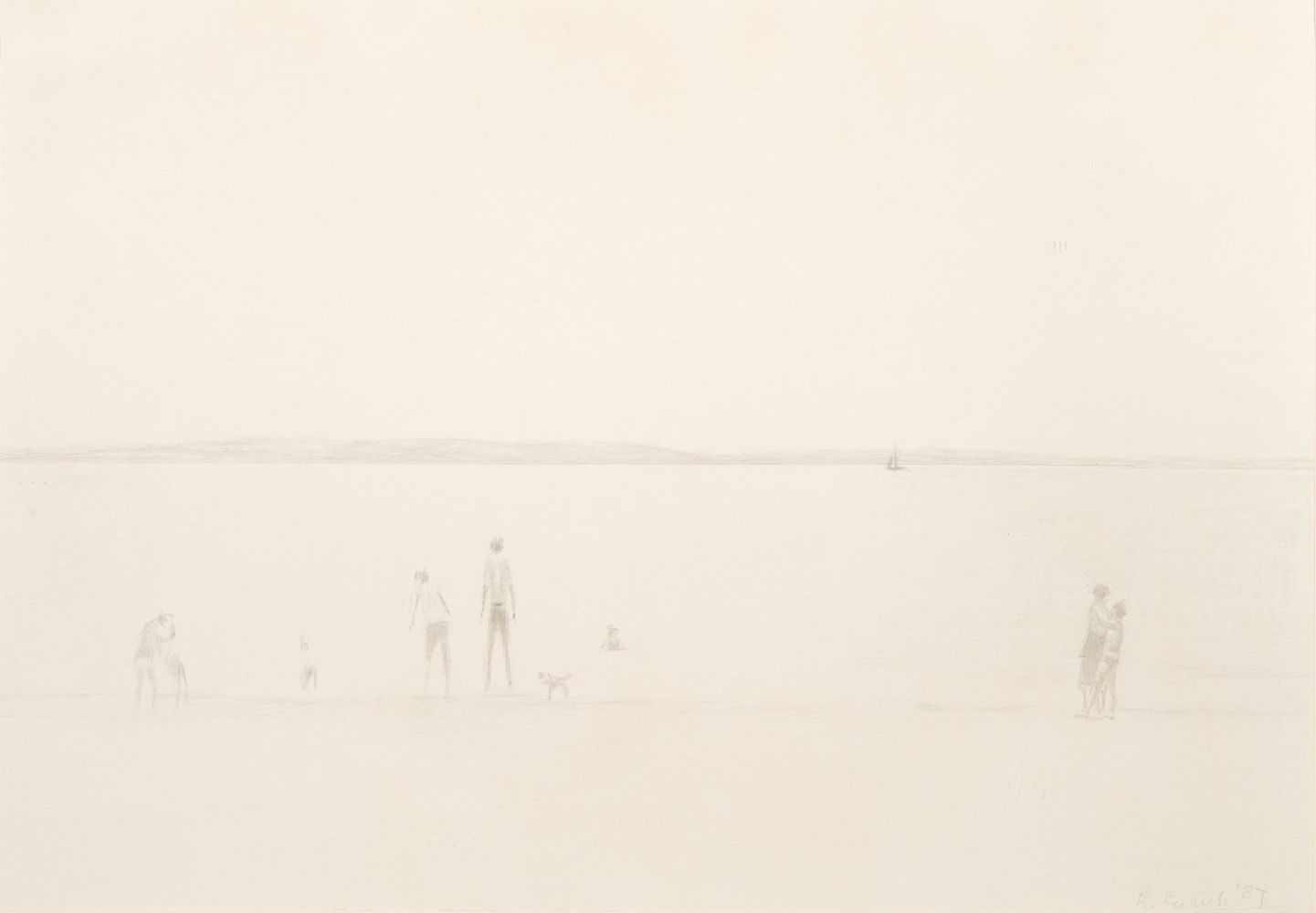 Richard Eurich, Figures and dog on a beach, 1987