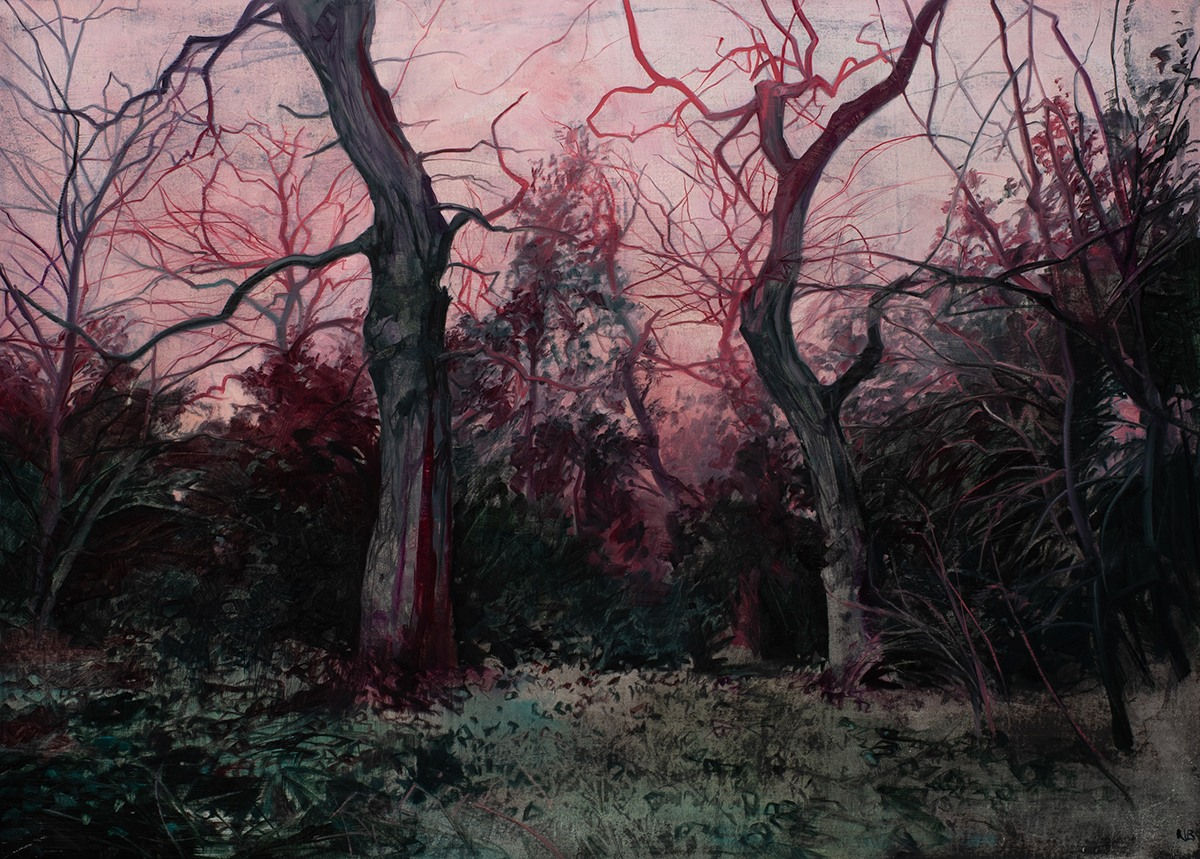 Nicholas Blowers, Study for a wood in rose madder crimson, 2023