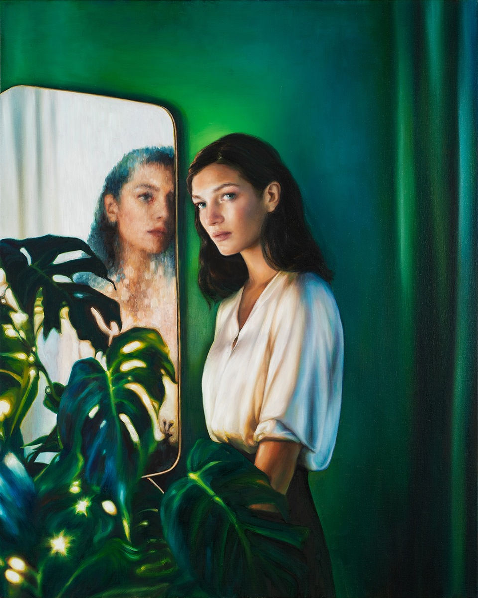 Nicola Higgins, Woman, Mirror, Fairy Lights in a Green Room, 2024