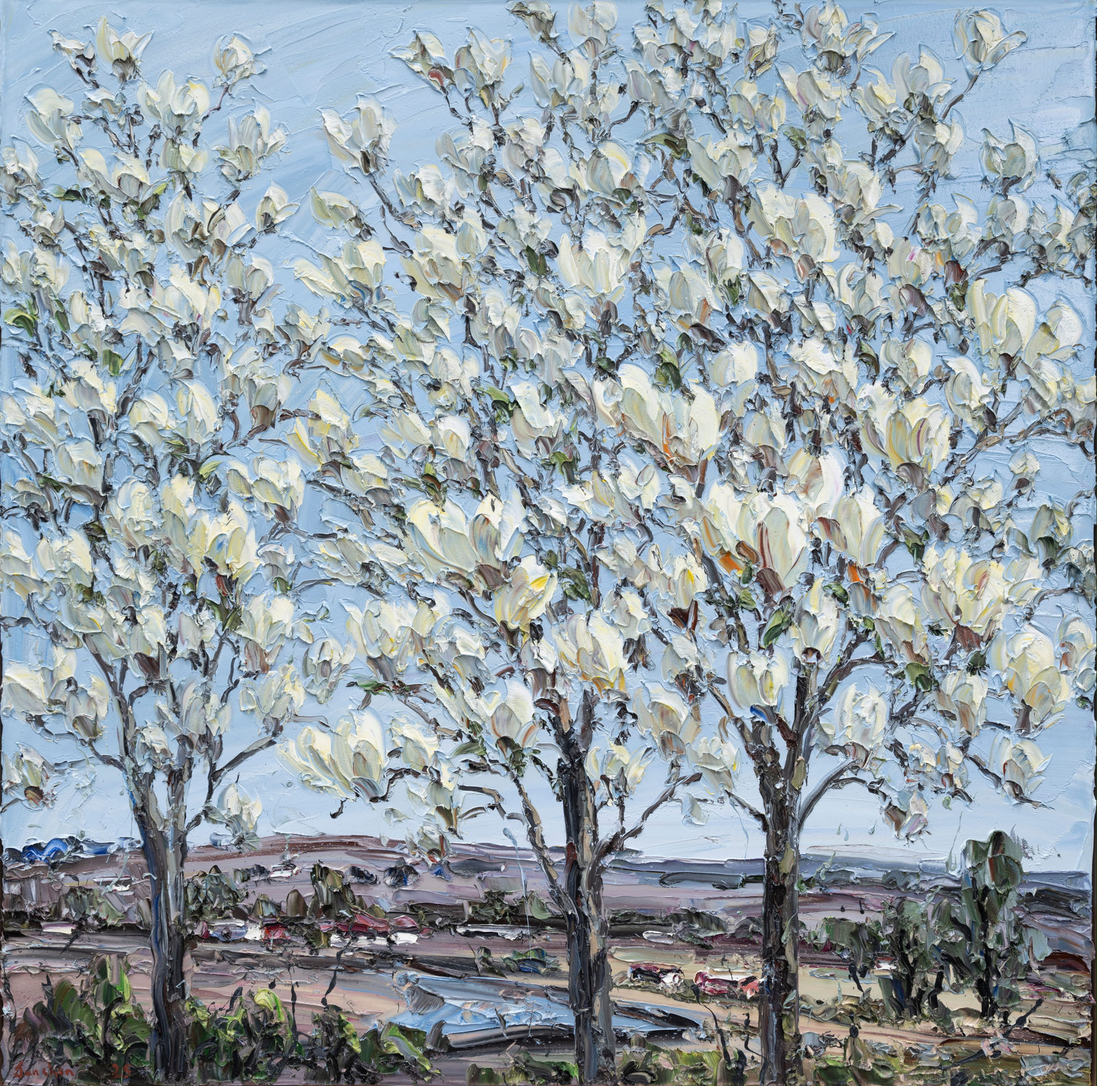 Jun Chen, Magnolia and village, 2025