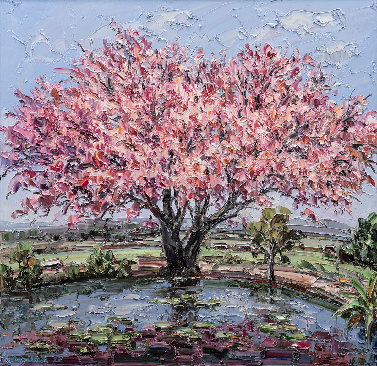 Jun Chen, Red Trees with Pond, 2022