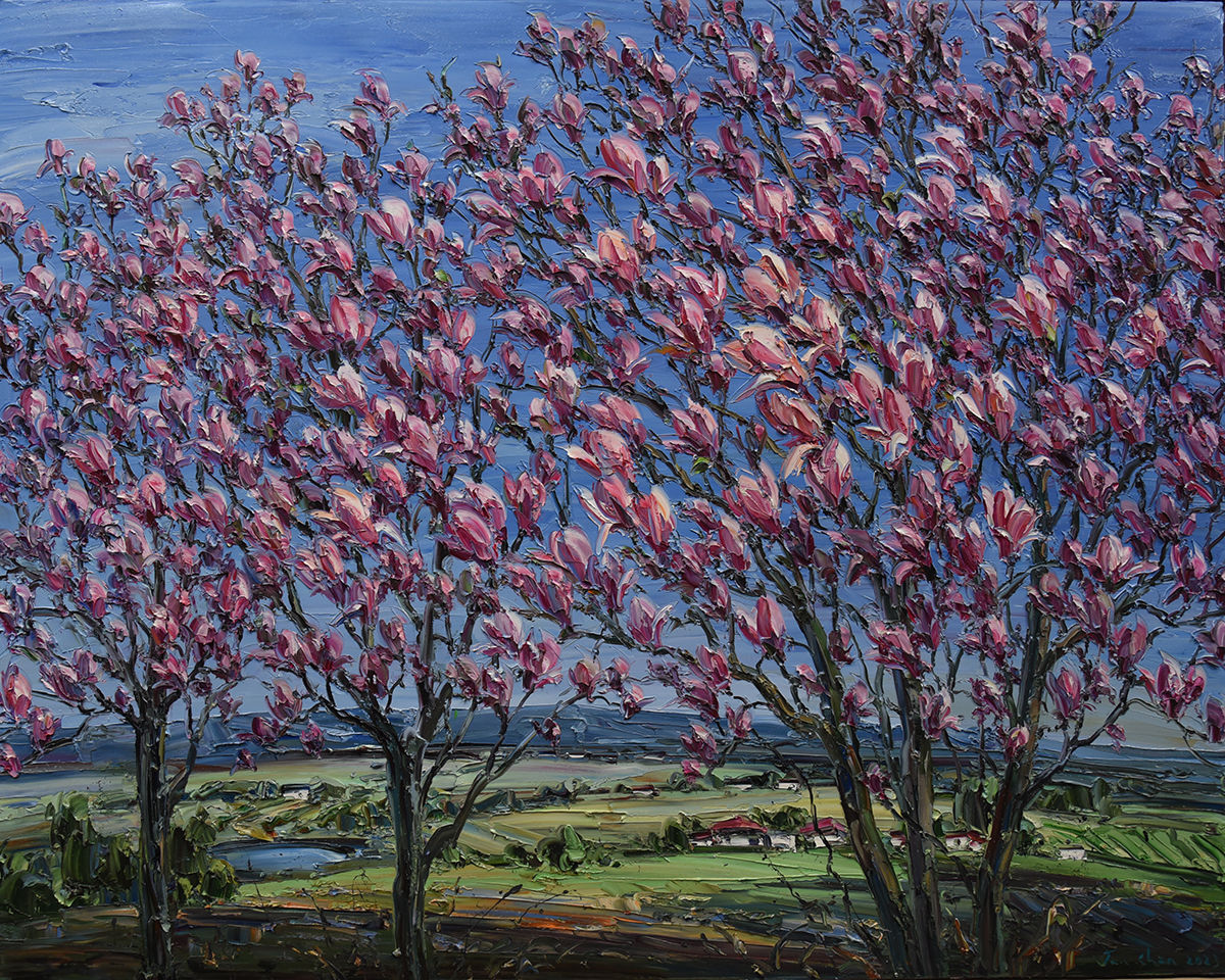 Jun Chen, Red Magnolia with Farms, 2023, 2023