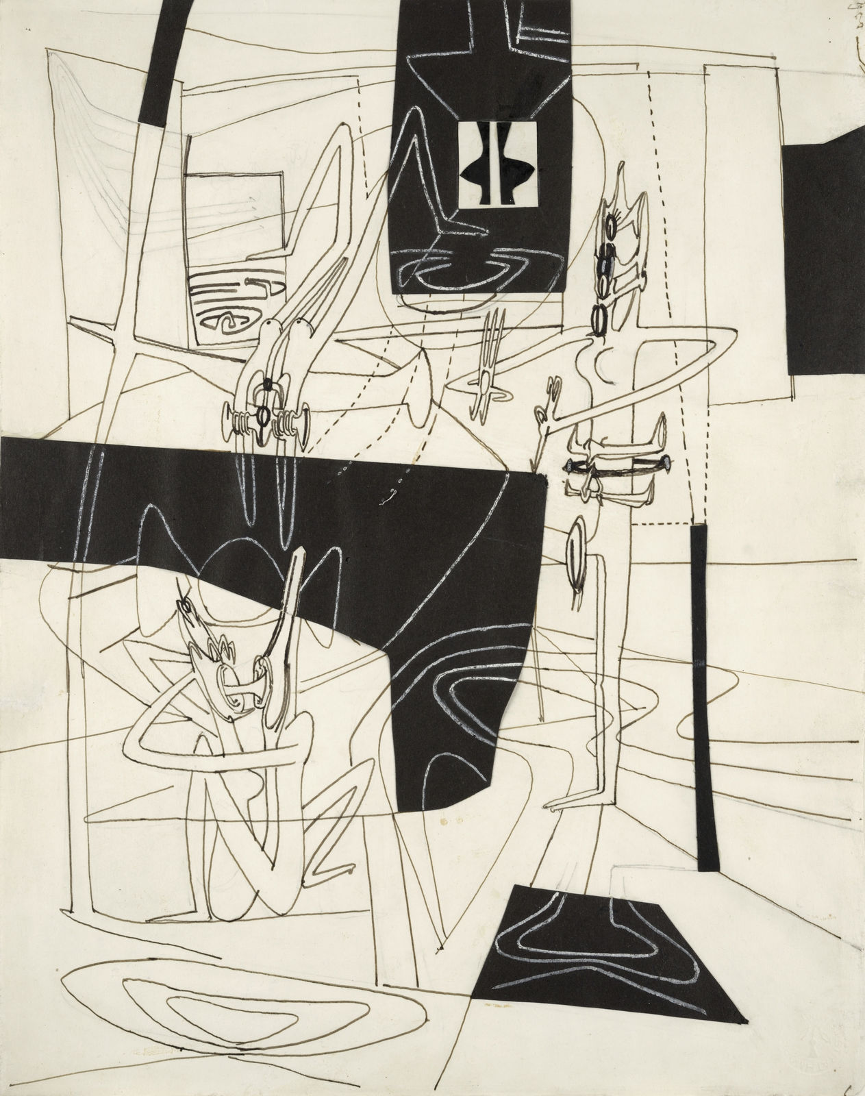 Roberto Matta Réussite au vitreur Stylo, encre, gouache blanche et collage sur papier blanc contrecollé sur carton 37 x 29 cm