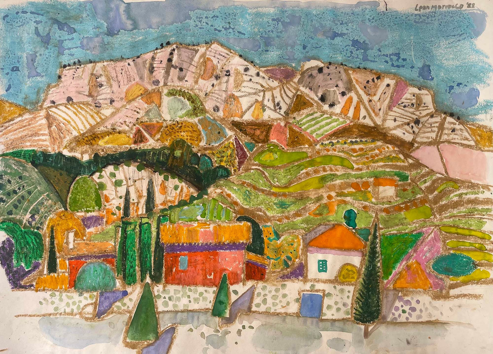 Leon Morrocco, Row of Houses beneath Mountainside, Near Gourdon