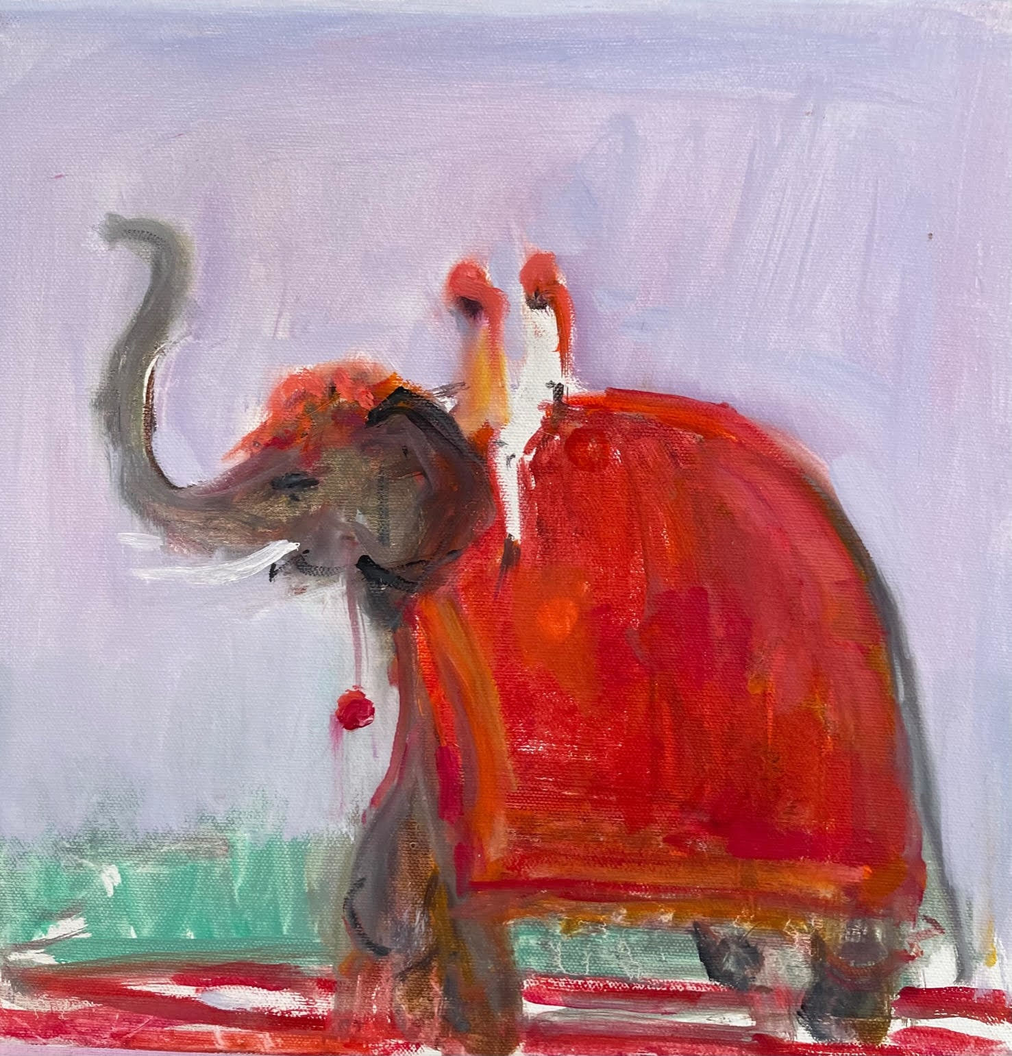 Ann Shrager, Elephant in Red with Two Mahouts
