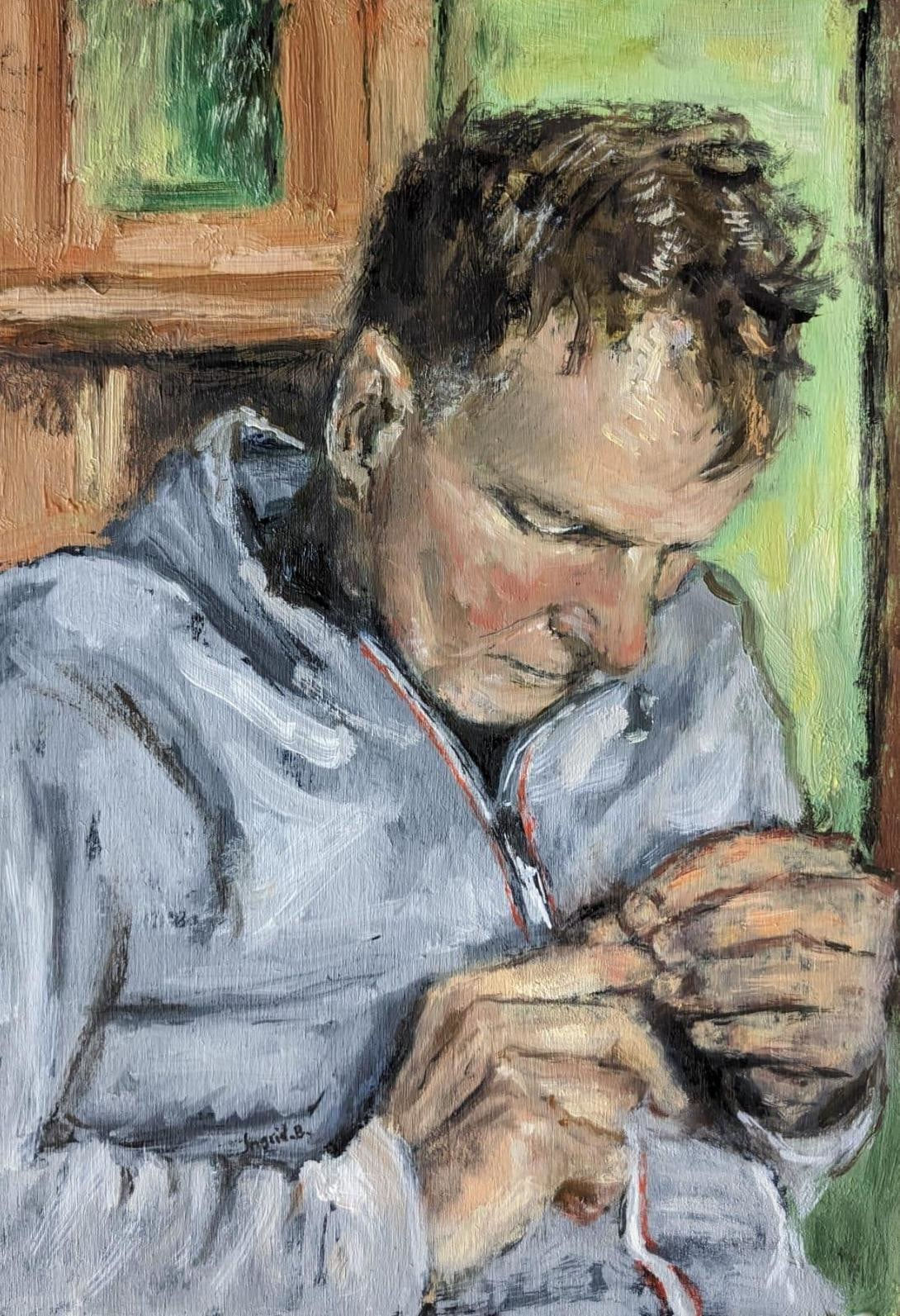 Ingrid Brown, At Breakfast without Glasses, with Swollen Finger