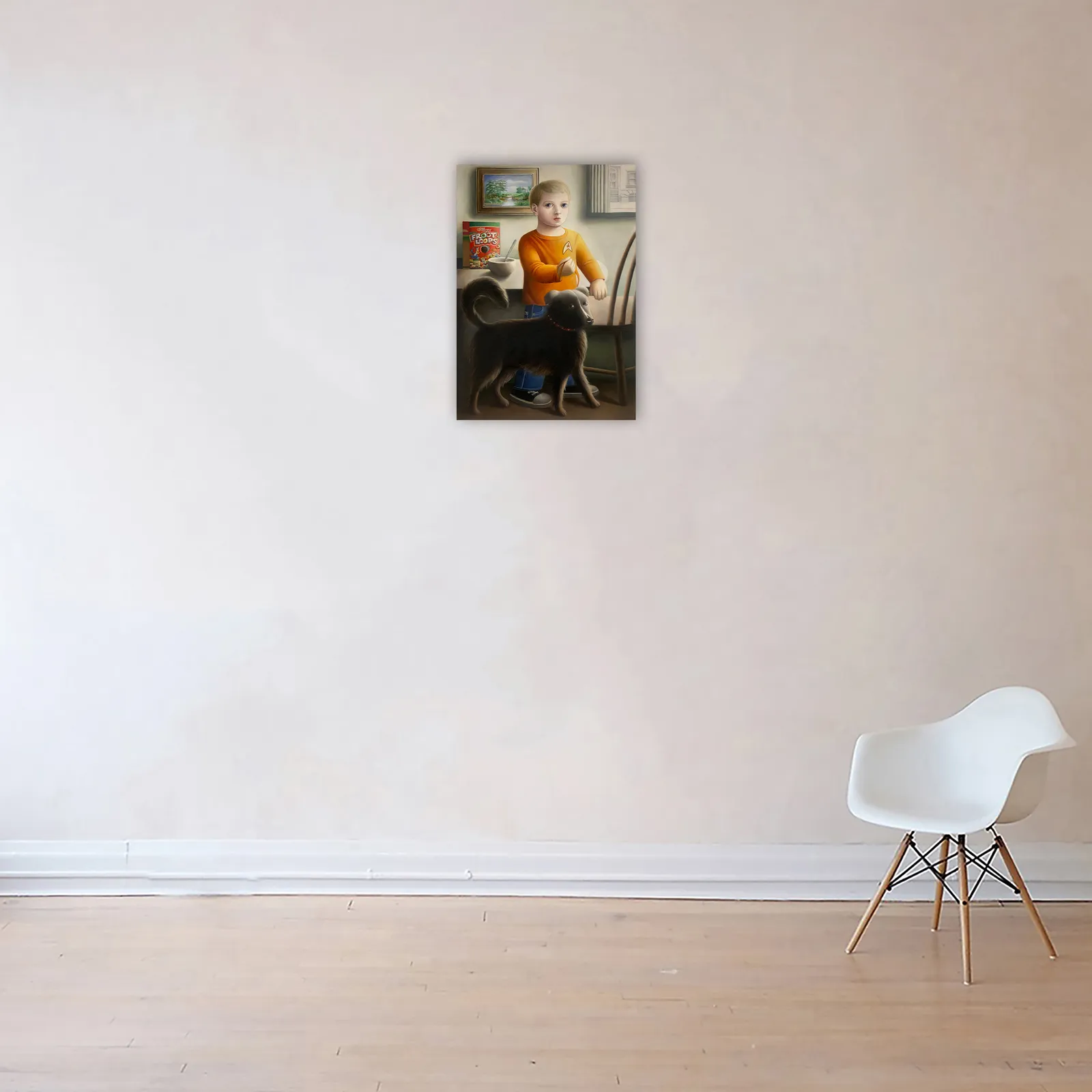 Amy Hill, Boy with Dog and Cereal, 2025