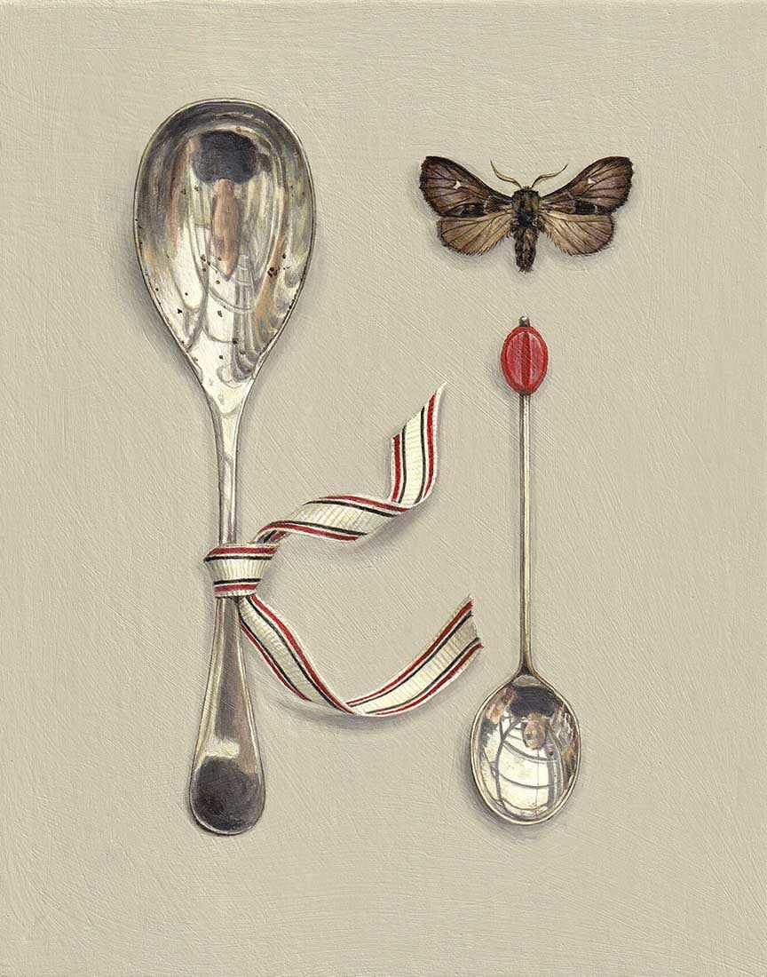 Rachel Ross, Silver Spoons with Butterfly and Striped Ribbon
