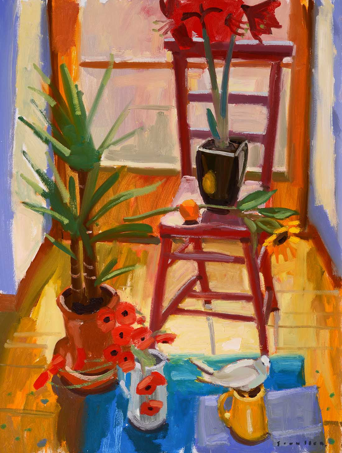Glen Scouller RSW RGI, Still Life with Red Chair Amarylis
